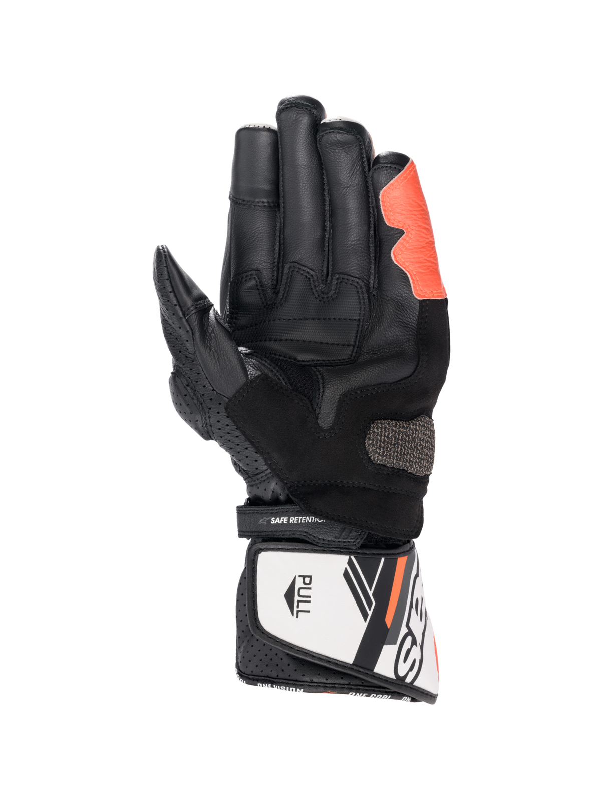 Alpinestars SP-8 V3 motorcycle gloves, black, white, and red fluo, leather construction with Arshield slider, palm view.