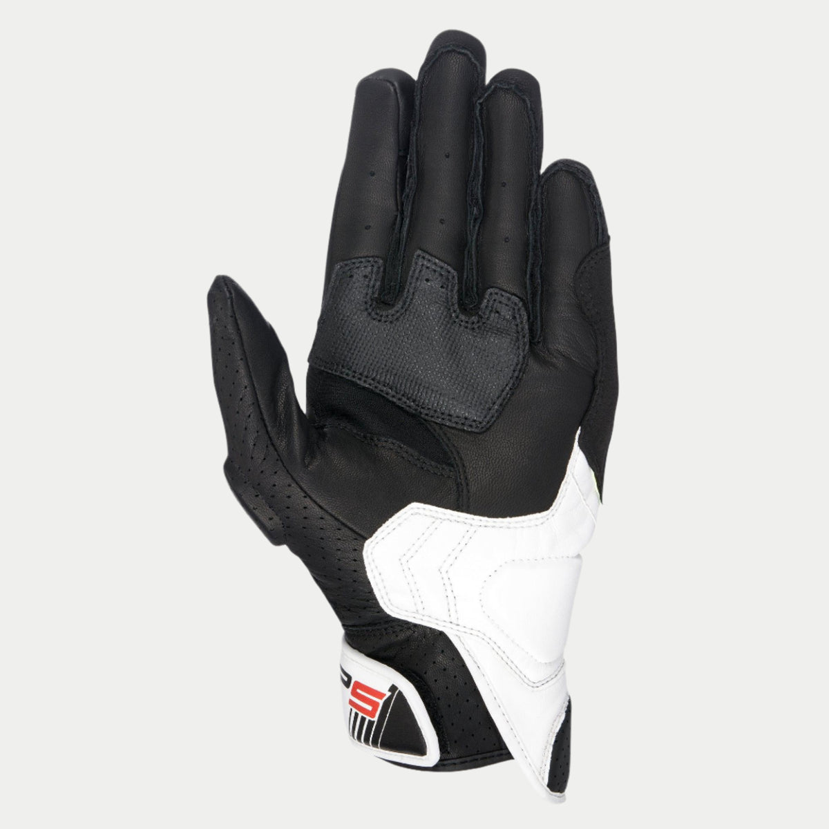 Alpinestars SP-5 handsker, håndfladevisning, sort og hvidt læder, med mikrofiber-grebindsatser på håndfladen og tommelfingeren, perforeret læder for ventilation, hvid forstærkning på lillefingersiden og SP-5-branding på håndledslukningen.
