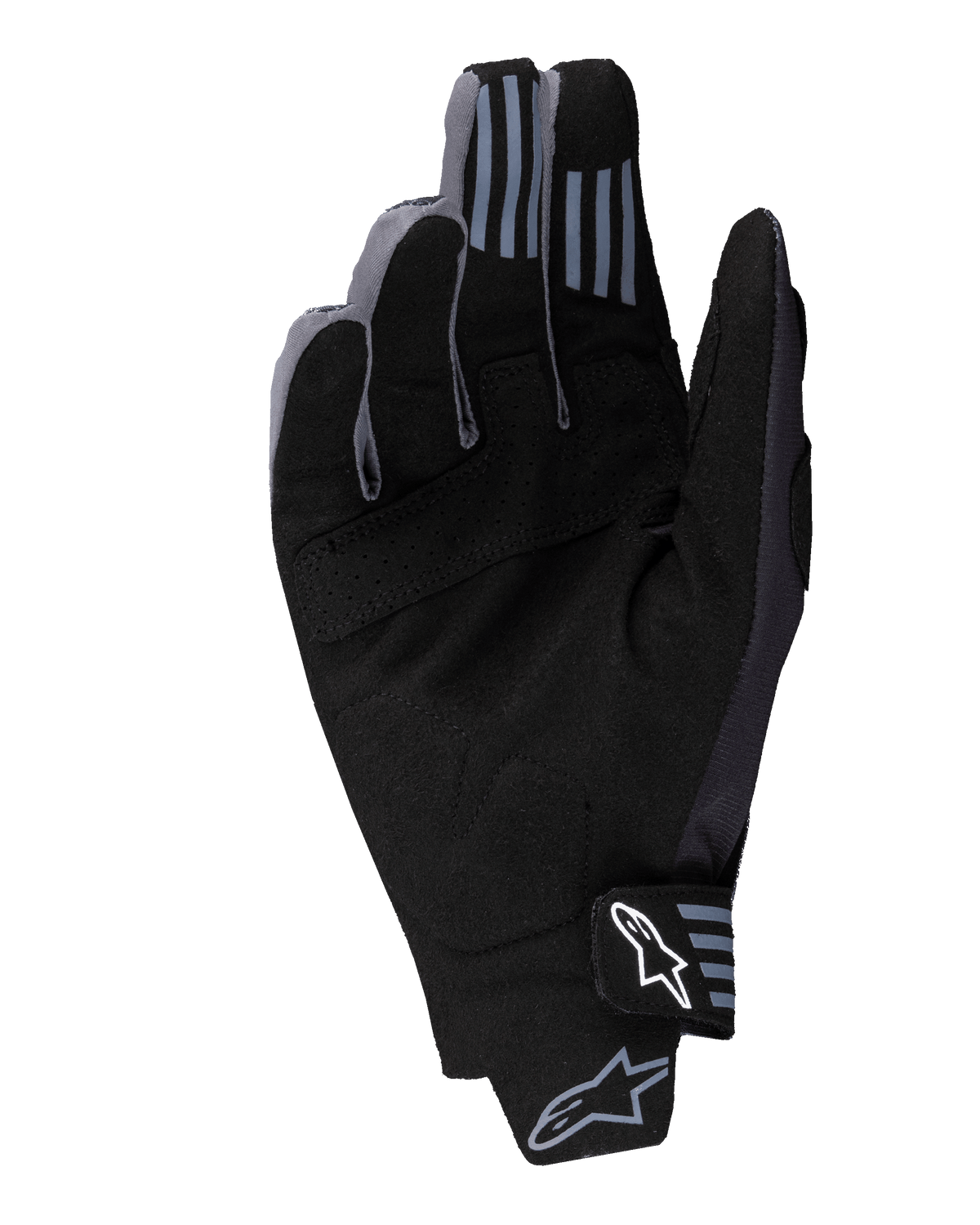 Alpinestars 2025 Techstar-handsker, motocross-handsker, sort, håndfladevisning med syntetisk ruskind, perforerede detaljer, silikonegreb på fingerspidserne og hvidt Alpinestars-logo på håndledslukningen