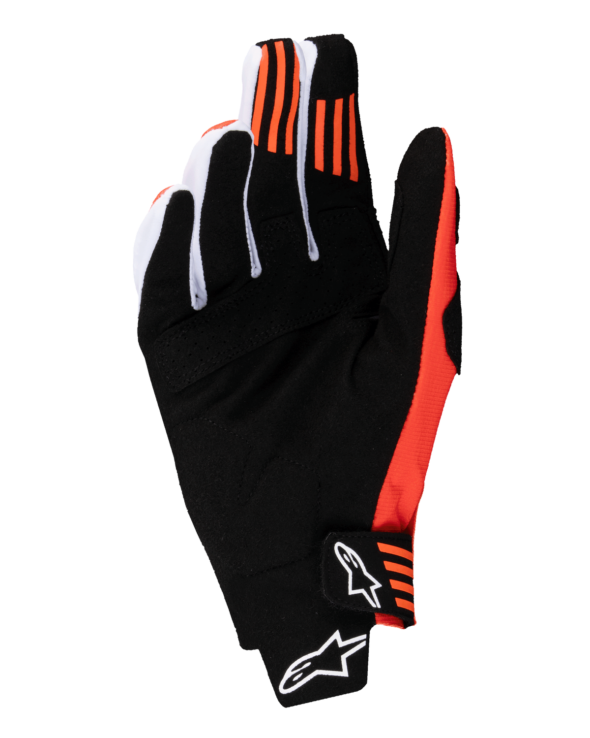 Alpinestars 2025 Techstar-handsker, motocrosshandsker, sort og neonorange, set fra håndfladen med syntetisk ruskind, orange silikonegreb på pege- og langfingerspidserne, støbt lukning med hvidt Alpinestars-logo