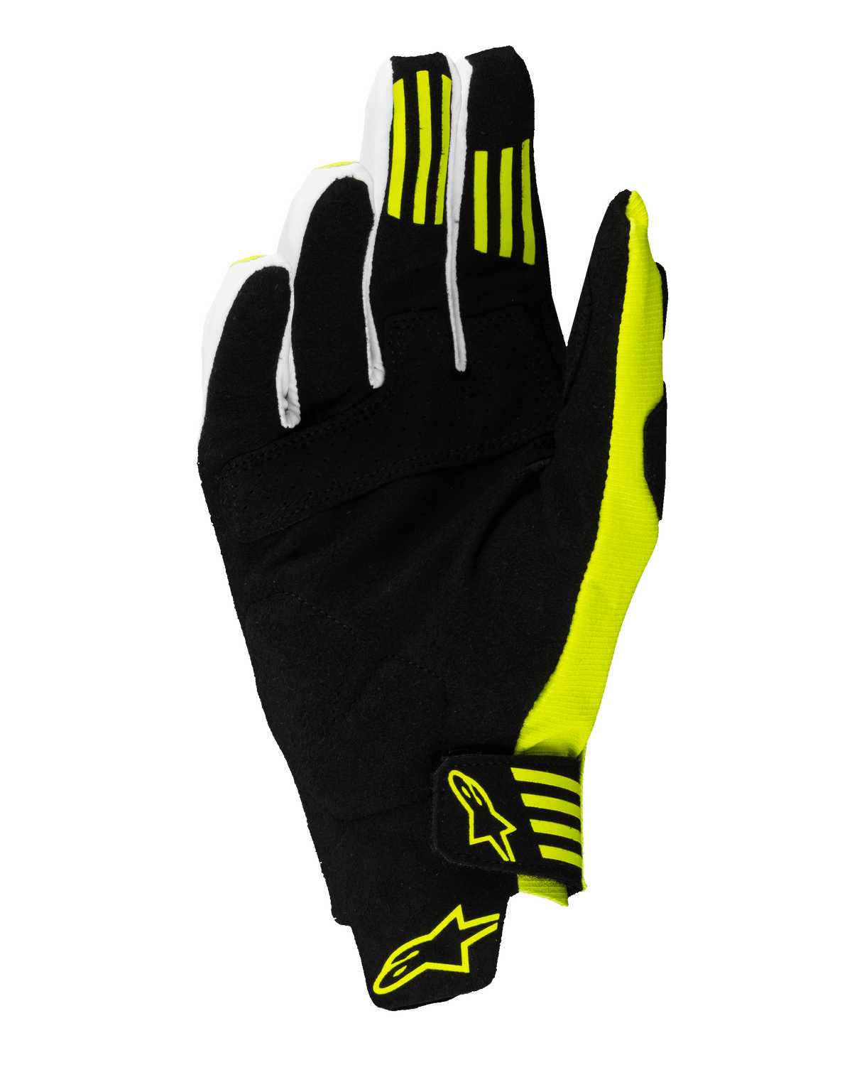 Alpinestars 2025 Techstar handsker, motocrosshandsker, sort og gul fluo, set fra håndfladen med forstærket syntetisk ruskind, silikonegreb på pege- og langfinger samt sikker lukning ved håndleddet med gule logoer