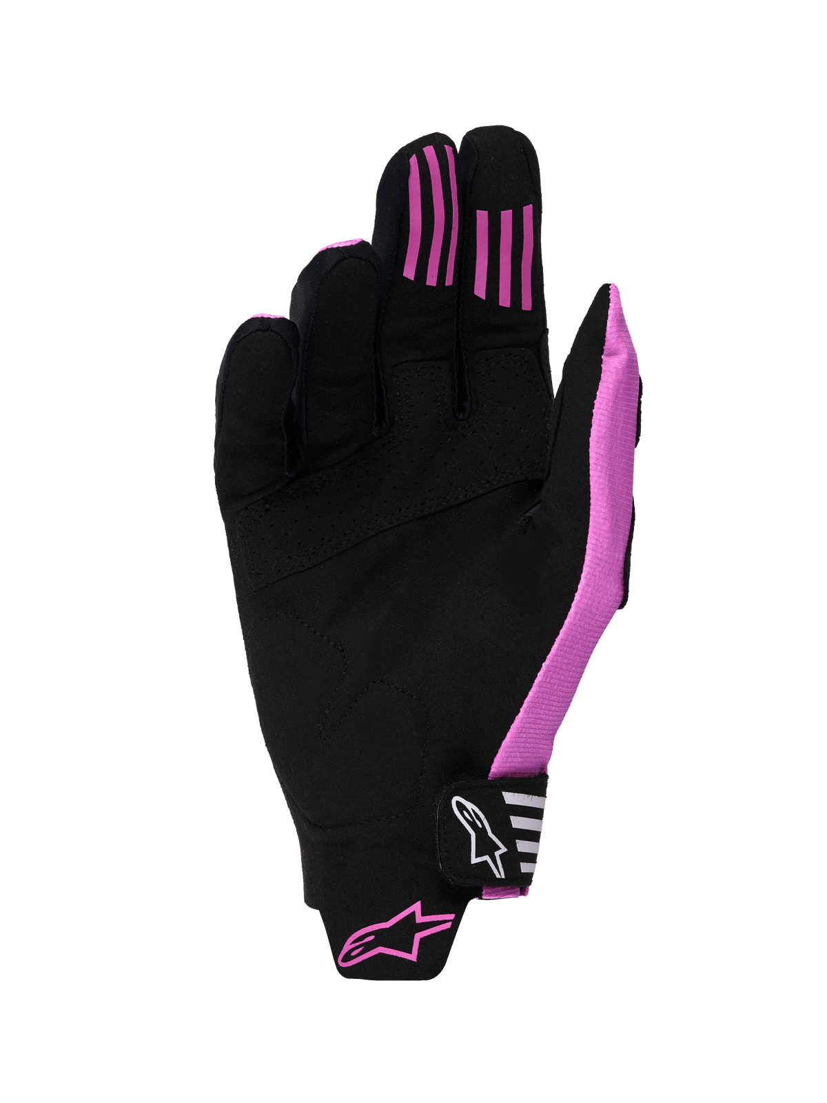 Alpinestars 2026 Techstar-handsker, motocross-handsker, sort og lilla, håndfladevisning med konstruktion i syntetisk ruskind, silikone-grebsstriber på fingrene og en støbt velcro-lukkerem med branding.