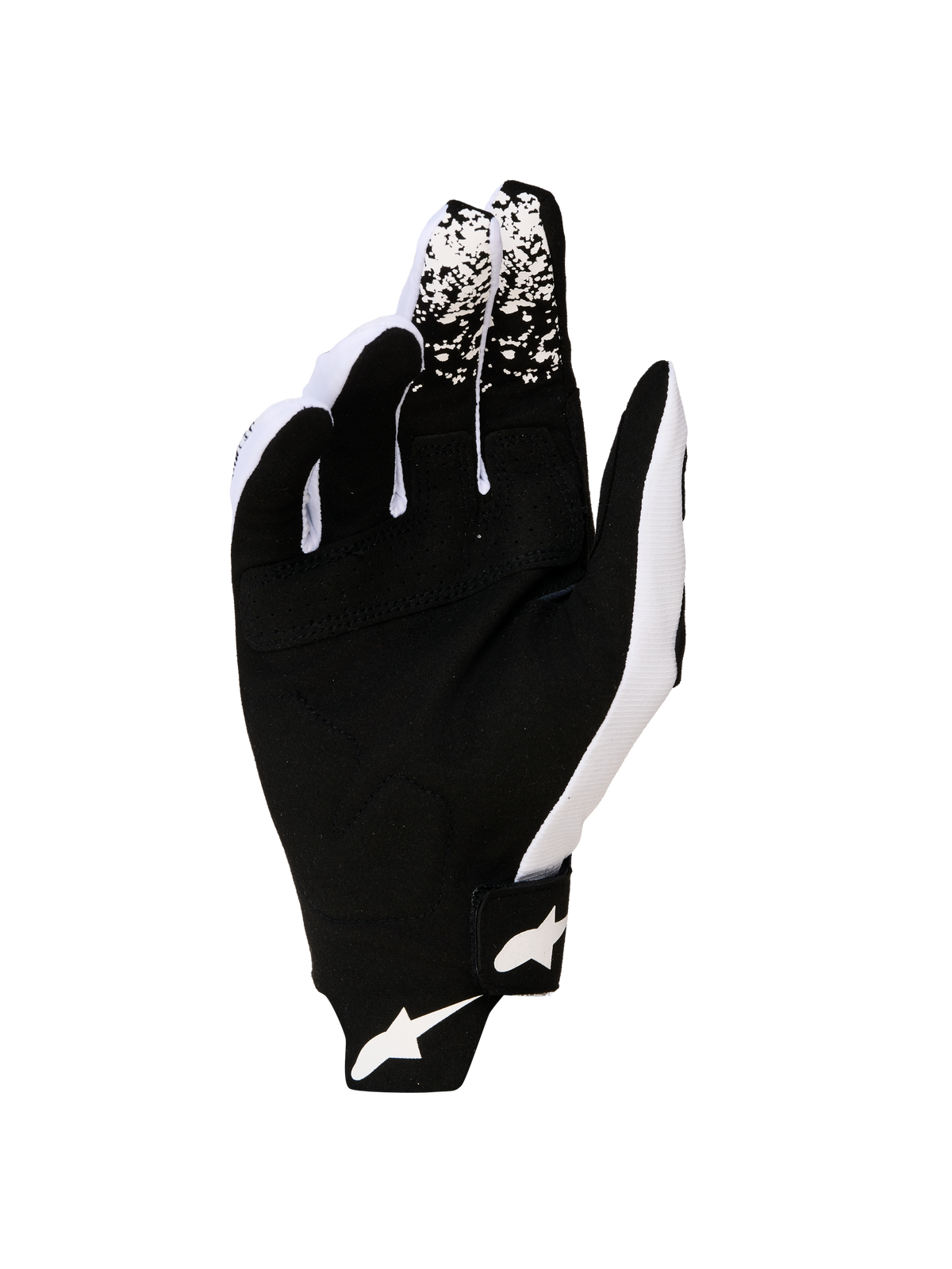 Alpinestars 2027 Techstar MX-herrehandsker, sort og hvid, slidstærk håndflade i syntetisk ruskind og silikonegreb.