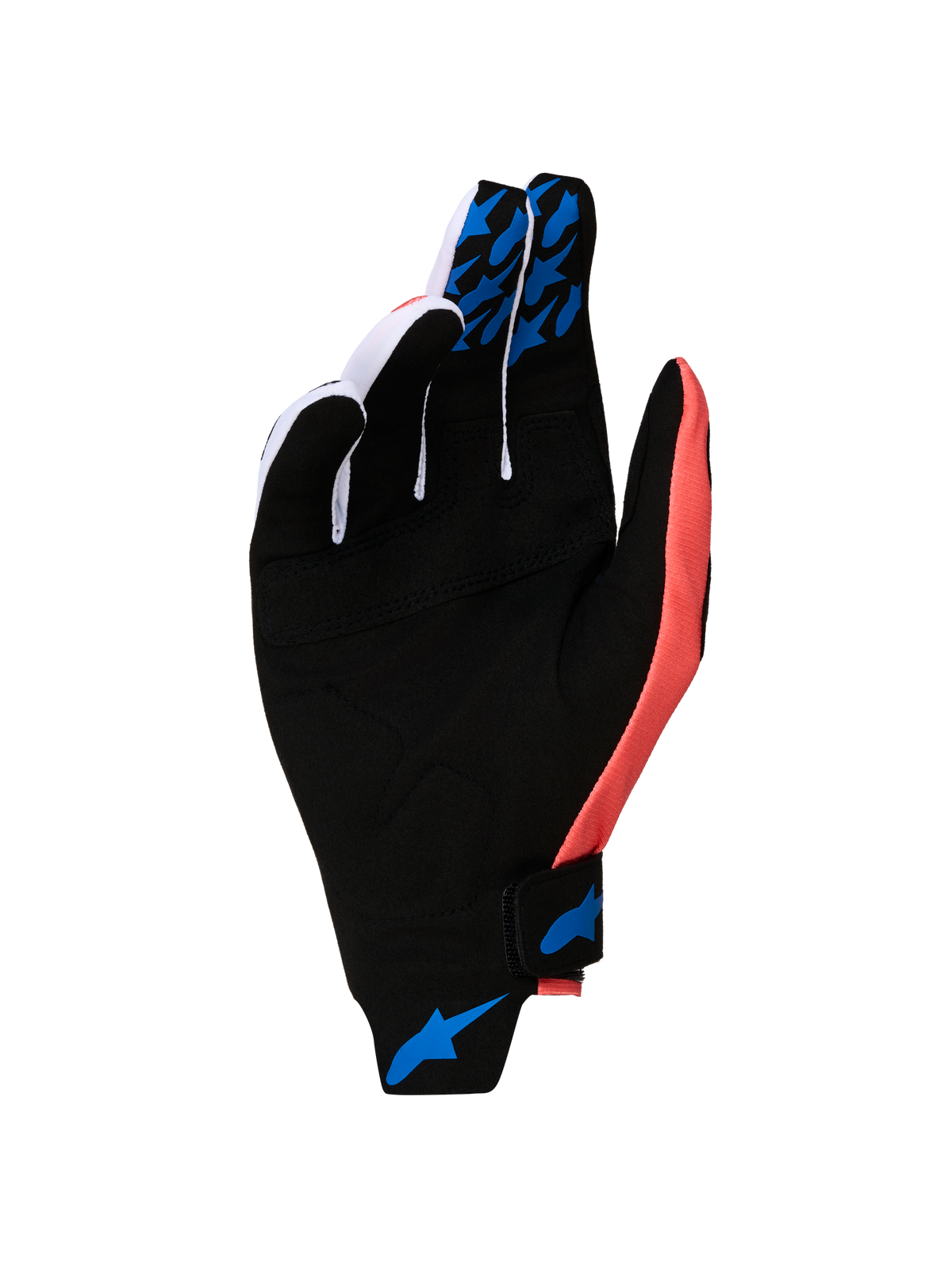 Alpinestars Techstar 2027 motocrosshandsker, sort og pink, med blå silikonegreb og syntetisk ruskindshåndflade