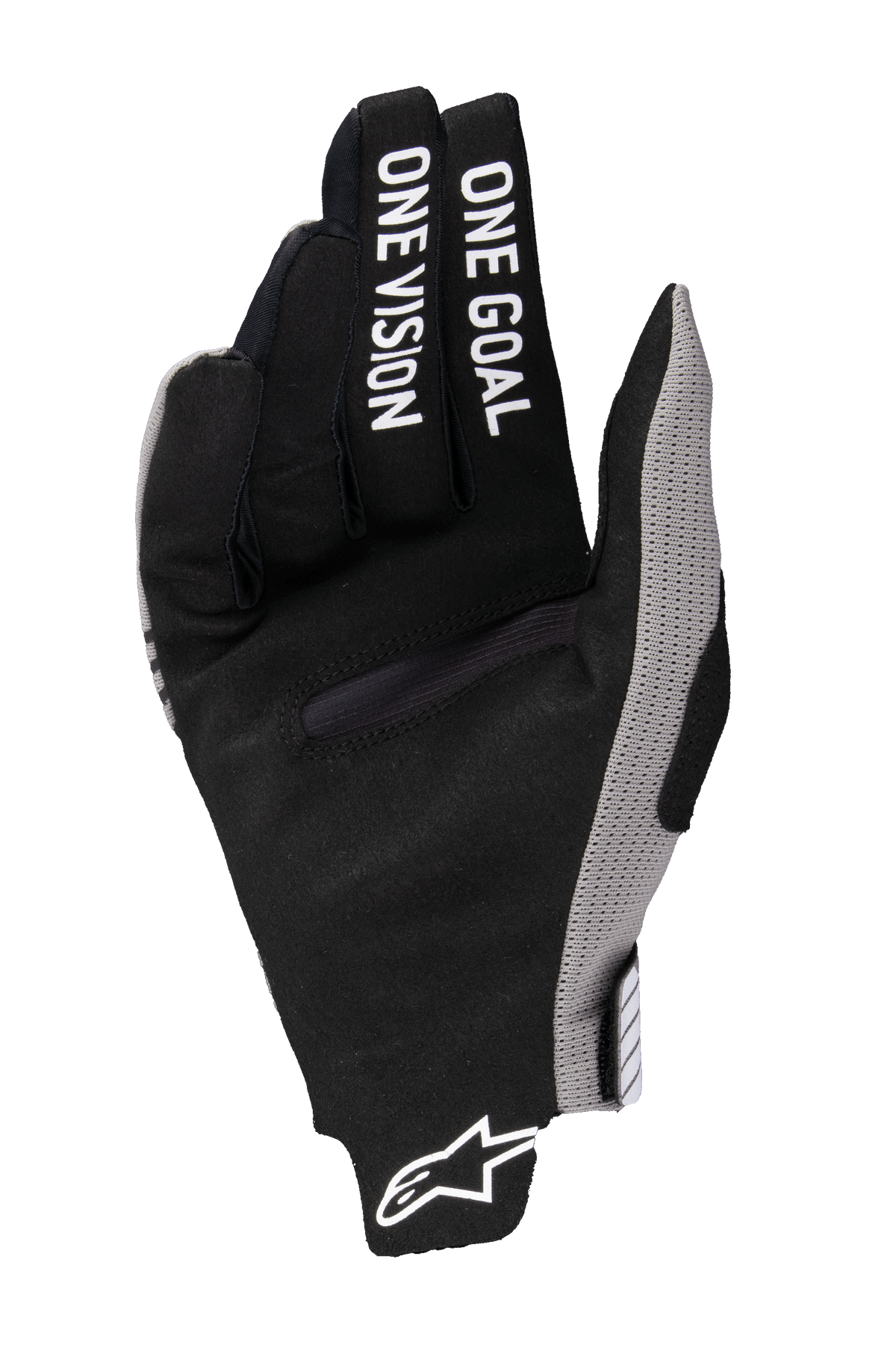 Alpinestars 2025 Radar Pro handsker, motocross-handsker, sort med grå detaljer, set fra håndfladen med 'ONE GOAL ONE VISION' trykt på fingrene, syntetisk ruskindsmateriale, minimalistisk design til off-road ydeevne