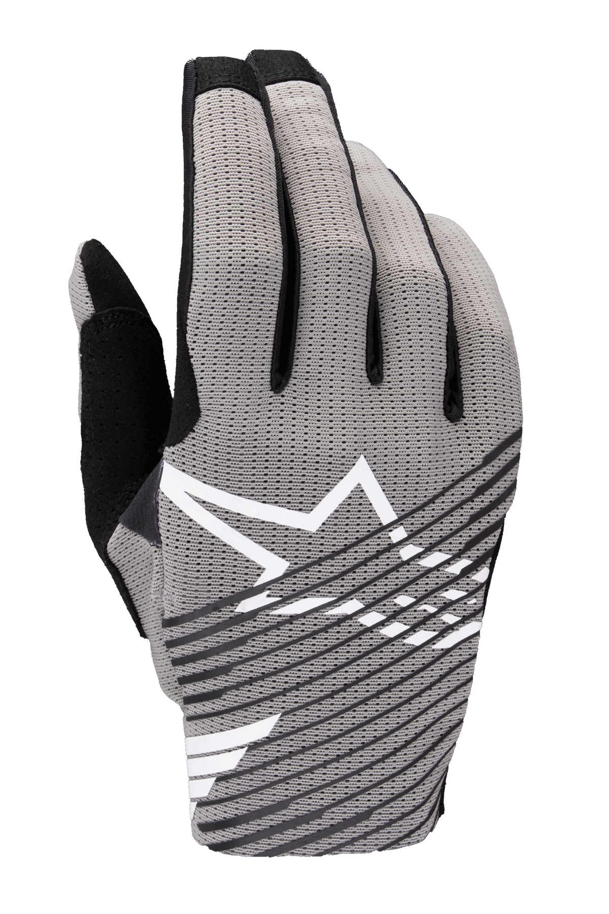 Alpinestars 2025 Radar Pro-handsker, motocross-handsker, grå med sorte og hvide detaljer, åndbar 4-vejs strækbar mesh-bagside, hvidt stjernelogo, sort diagonalt stribet design, minimalistisk performance racing-stil