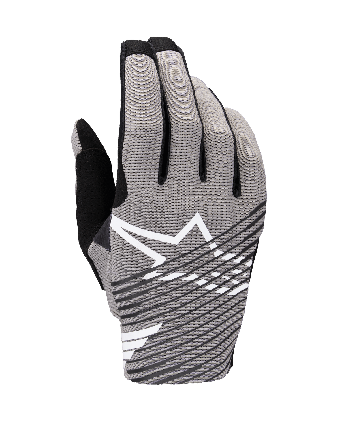 Alpinestars 2025 Radar Pro handsker, motocross-handsker, grå og sort, baghåndsvisning med åndbart 4-vejs stræk-mesh, hvidt stjernelogo med sorte diagonale striber, designet til ydeevne og luftstrøm