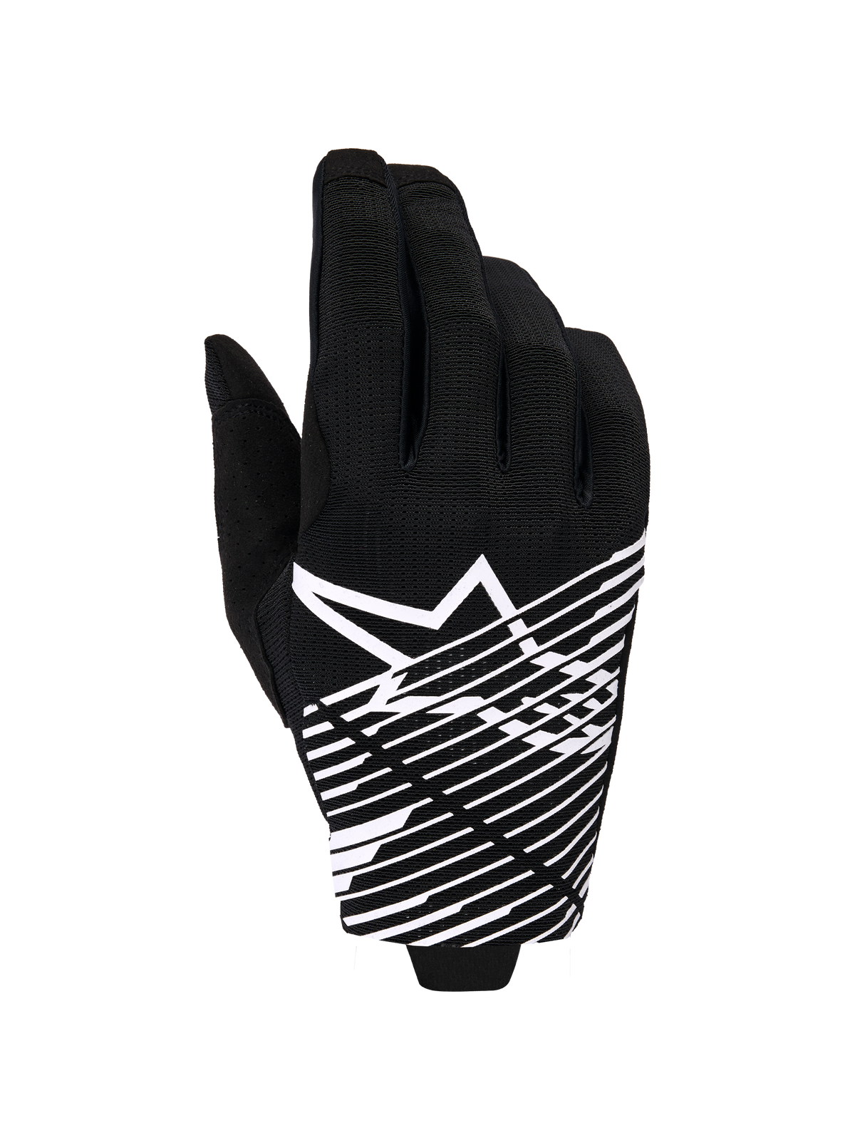 Alpinestars 2026 Radar Pro handsker, motocross-handsker, sort og hvid, med hvidt stjernelogo og diagonal linjegrafik på baghånden, åndbart mesh-materiale med perforerede detaljer, performance off-road-styling
