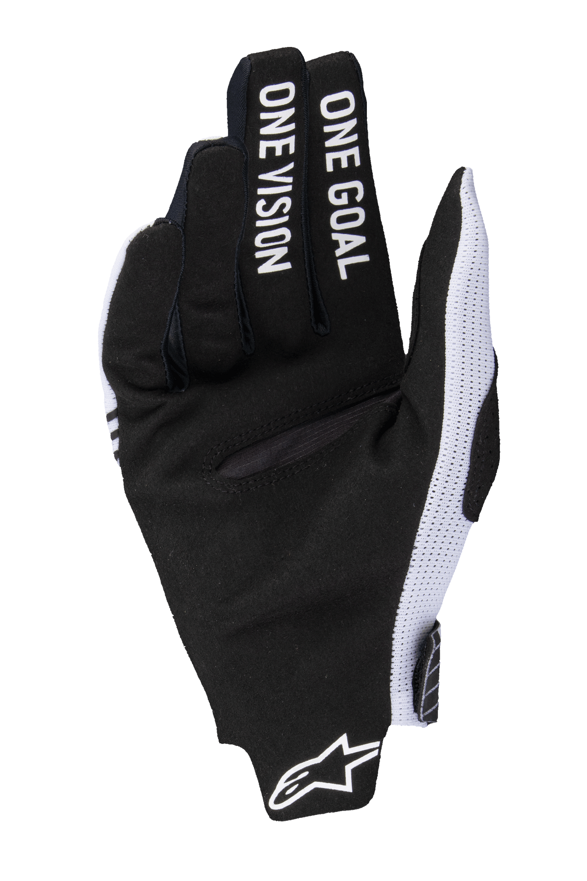 Alpinestars 2025 Radar Pro Gloves, Motocross Gloves, White and Black, palm view featuring black synthetic suede with 'ONE GOAL ONE VISION' text on the fingers, white mesh side panels, and Alpinestars logo at the wrist.