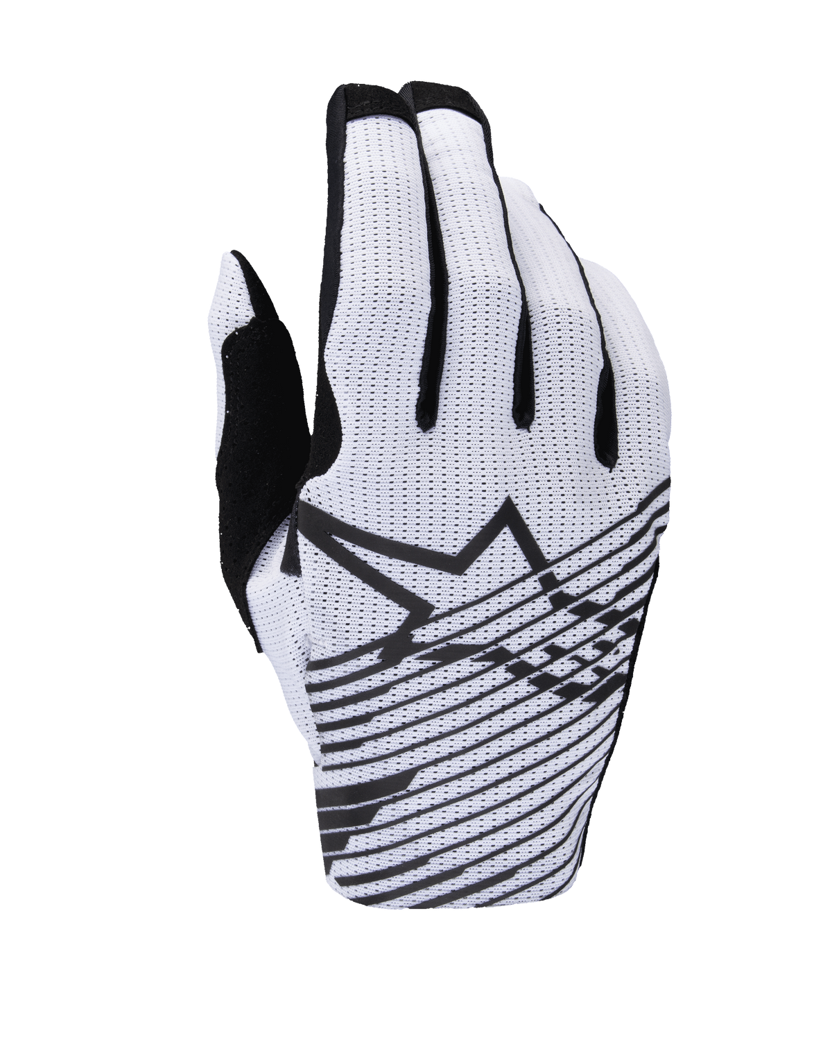 Alpinestars 2025 Radar Pro Gloves, Motocross Gloves, White and Black, backhand view featuring perforated mesh construction, black Alpinestars star logo with horizontal graphic lines, and black finger accents
