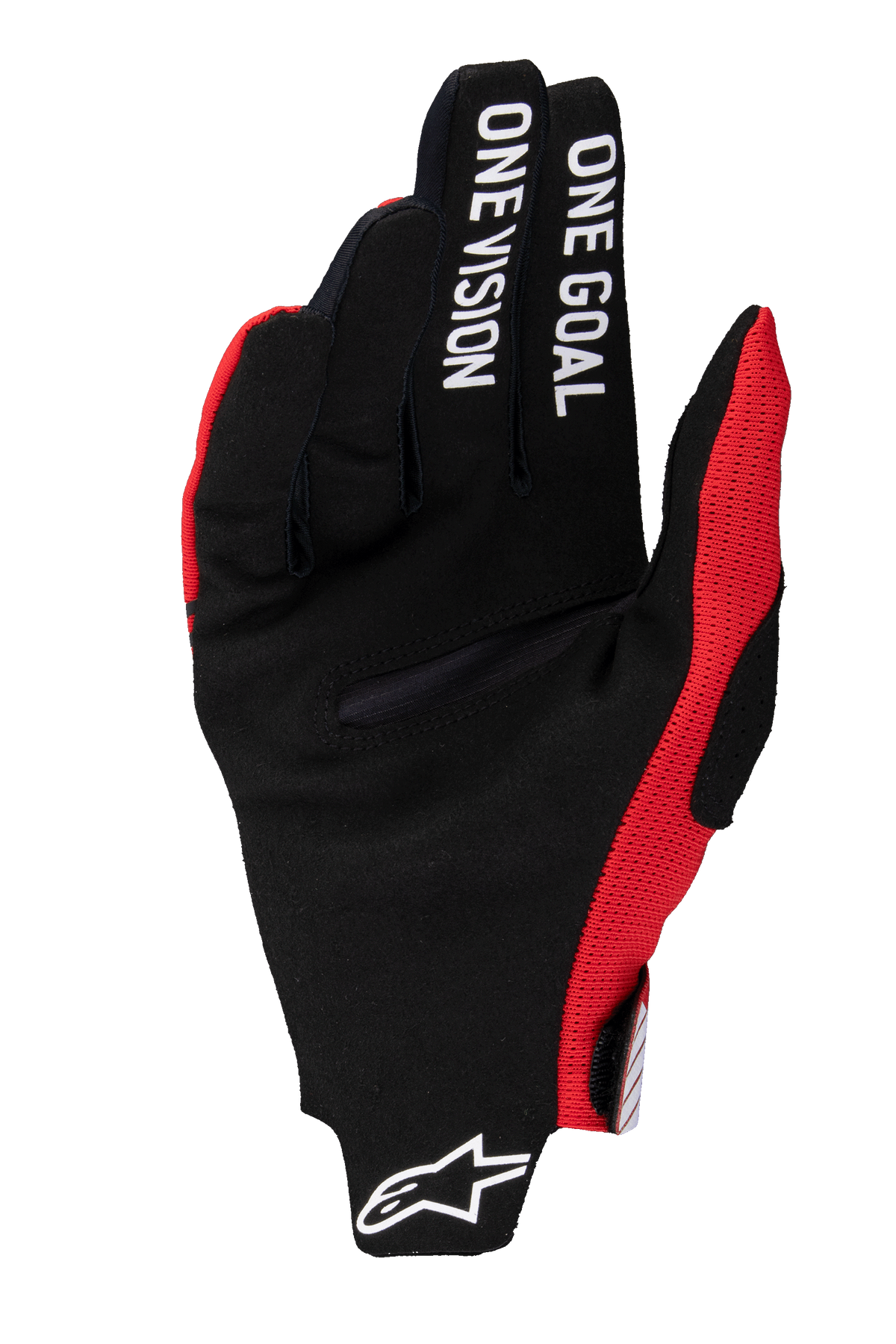 Alpinestars 2025 Radar Pro handsker, motocross-handsker, lys rød, sort syntetisk ruskindshåndflade med "ONE GOAL ONE VISION"-tekst på fingrene, røde mesh-detaljer, hvidt Astars-logo på manchetten, minimalistisk design for maksimal kontrol
