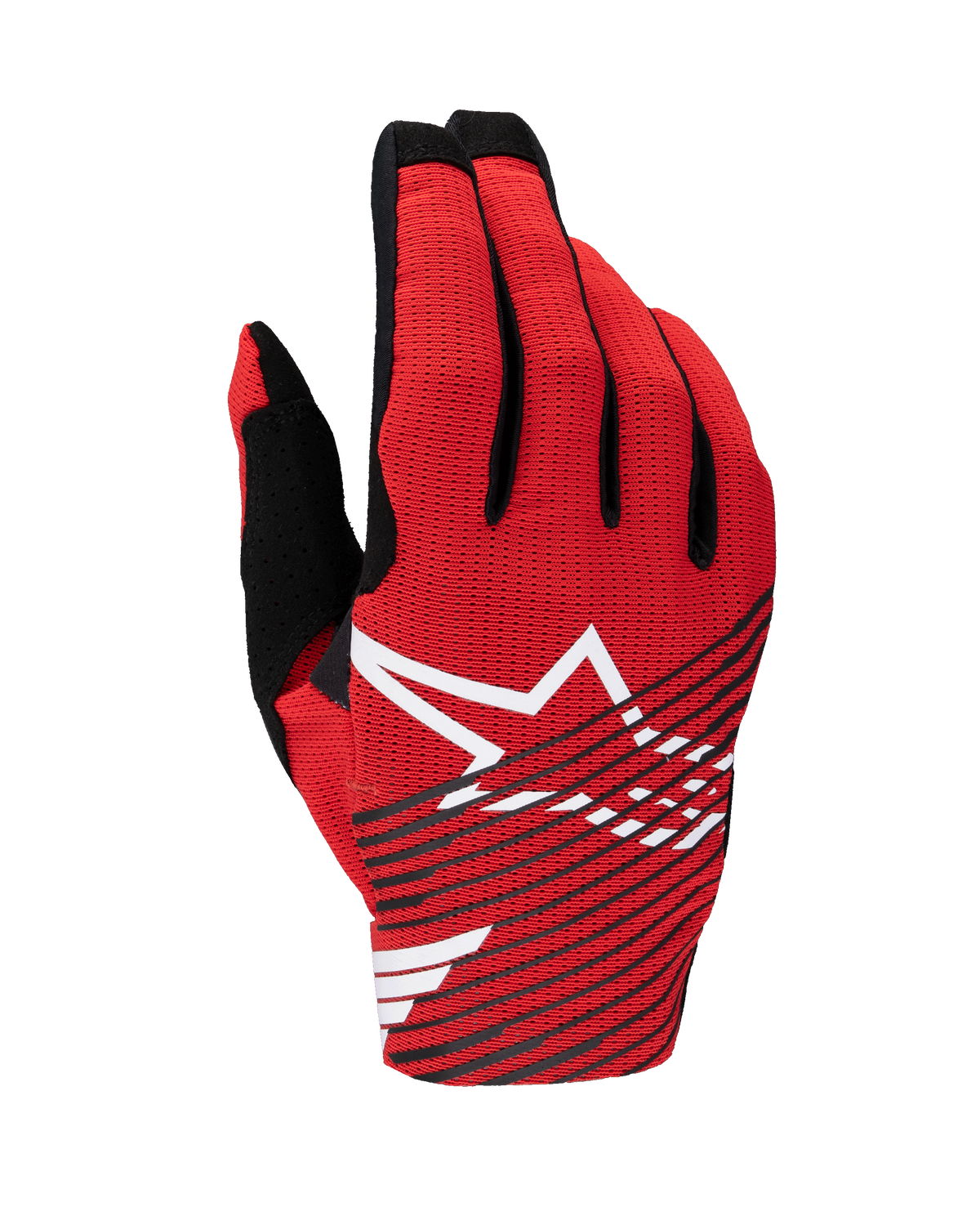 Alpinestars 2025 Radar Pro handsker, motocrosshandsker, rød, sort og hvid, med et stort hvidt stjernelogo og sorte diagonale striber på en åndbar mesh-baghånd, letvægtsudstyr til off-road racing