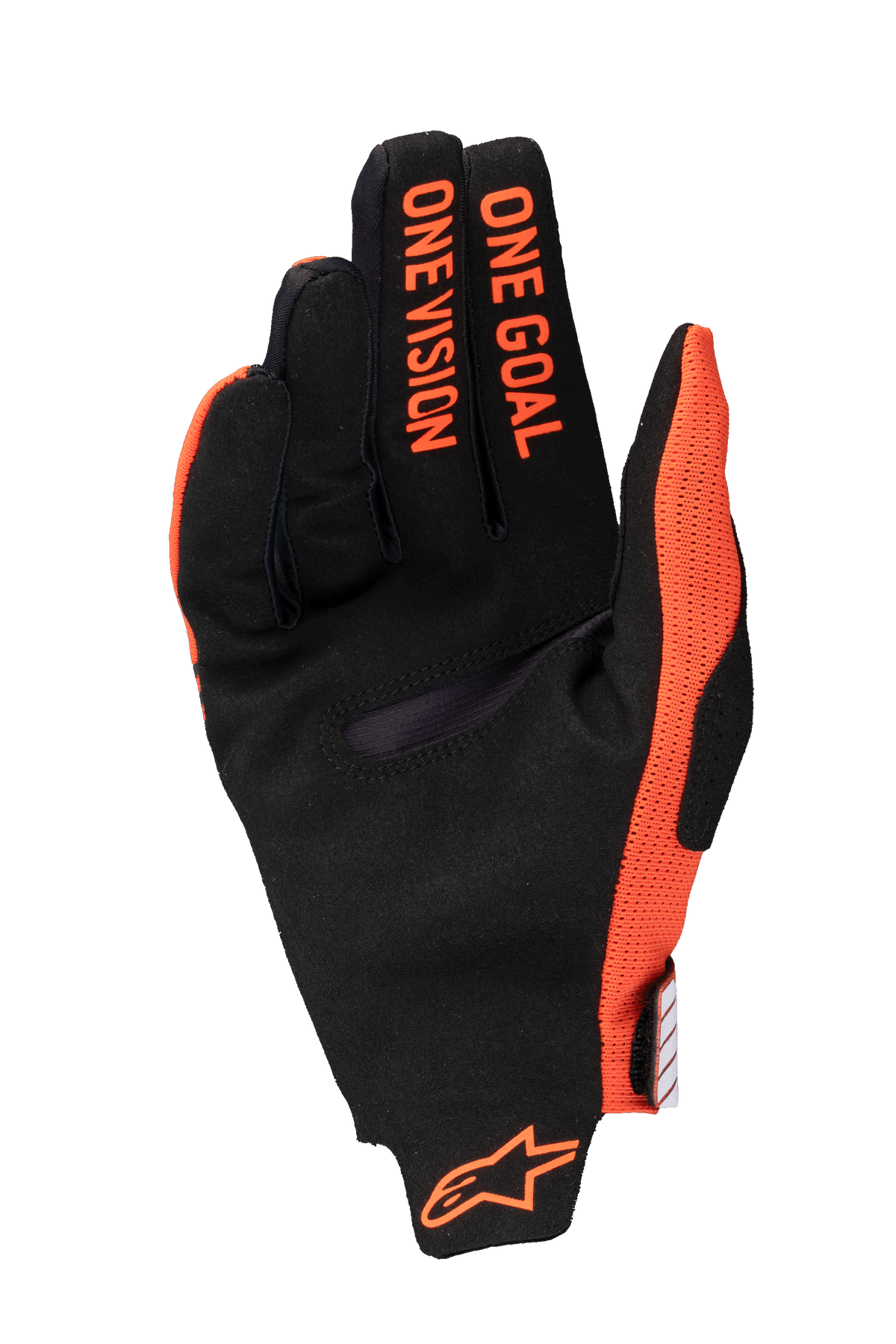 Alpinestars 2025 Radar Pro handsker, motocrosshandsker, orange og sort, håndfladevisning med 'ONE GOAL ONE VISION'-tekst på fingrene og orange logo ved håndleddet, syntetisk ruskind og åndbar mesh-konstruktion til terrænkørsel.