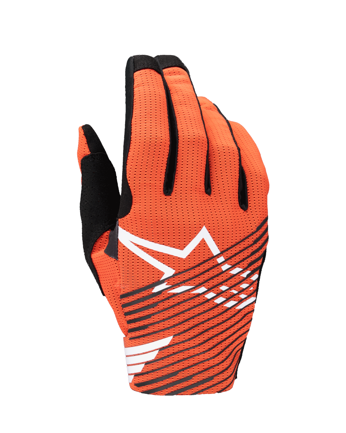 Alpinestars 2025 Radar Pro handsker, motocross-handsker, hot orange og sort, med et stort hvidt stjernelogo og sorte diagonale striber på en perforeret mesh-baghånd, designet til letvægtsydelse og luftgennemstrømning