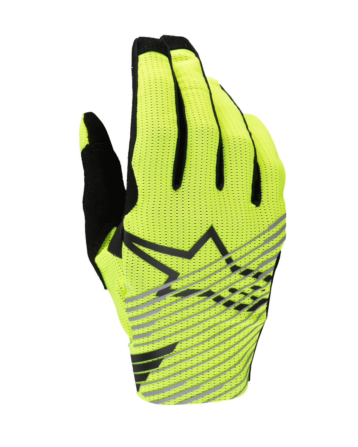 Alpinestars 2025 Radar Pro Gloves, Motocross Gloves, Yellow Fluo and Black, single-layer breathable mesh backhand, black star logo with diagonal gray stripes, high-performance gear for off-road racing