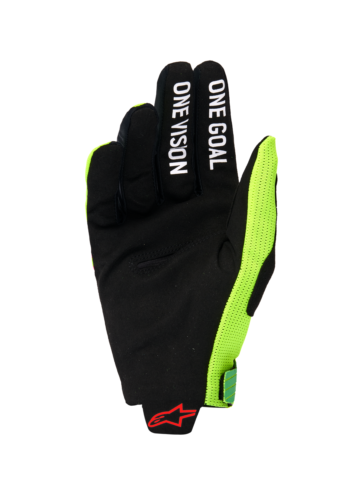 Alpinestars 2026 Radar Pro handsker, håndfladevisning af en motocross-handske, sort syntetisk ruskind med hvid 'ONE GOAL' og 'ONE VISION' tekst på fingrene, lys neongul mesh-sidepanel, rødt Alpinestars-logo på håndleddet, minimalistisk præstationsudstyr til terrænkørsel