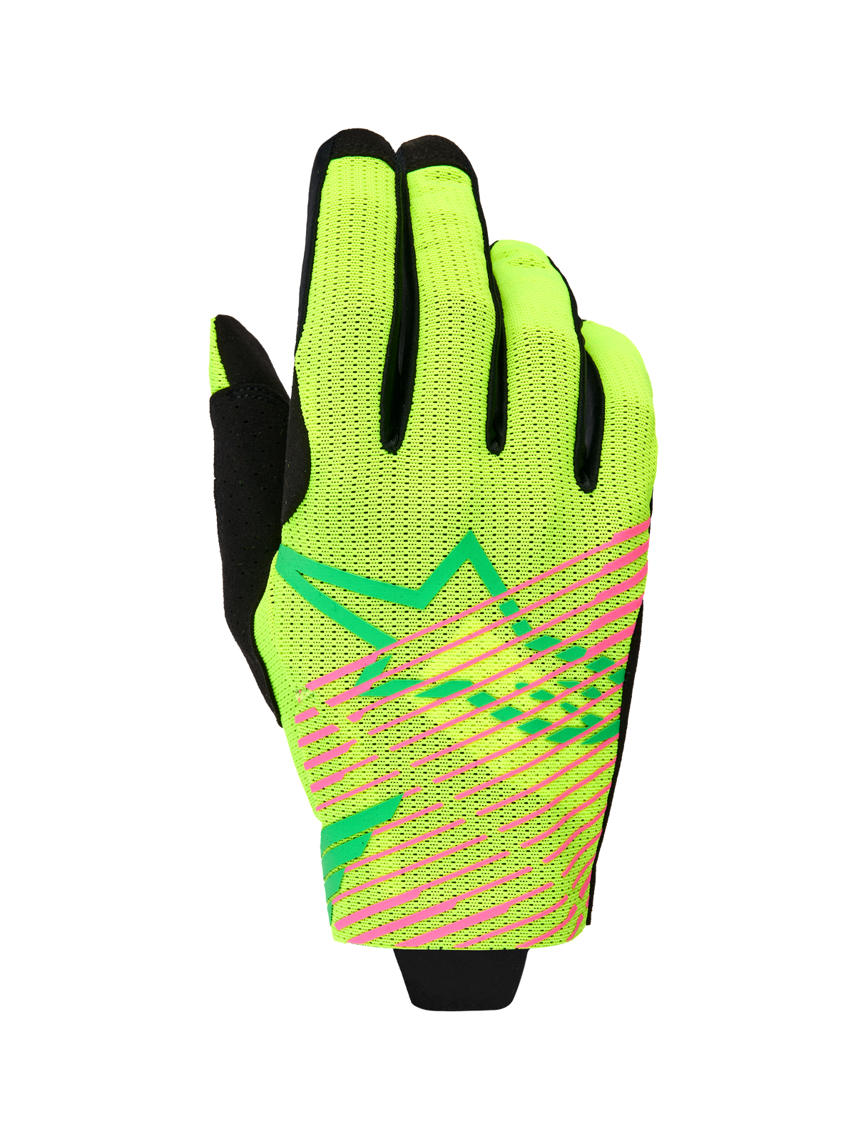 Alpinestars 2026 Radar Pro handsker, motocross-handsker, neongul og neonpink, enkeltlags mesh-konstruktion med markante pink diagonale striber og grønt geometrisk stjernelogo, letvægts off-road racerudstyr