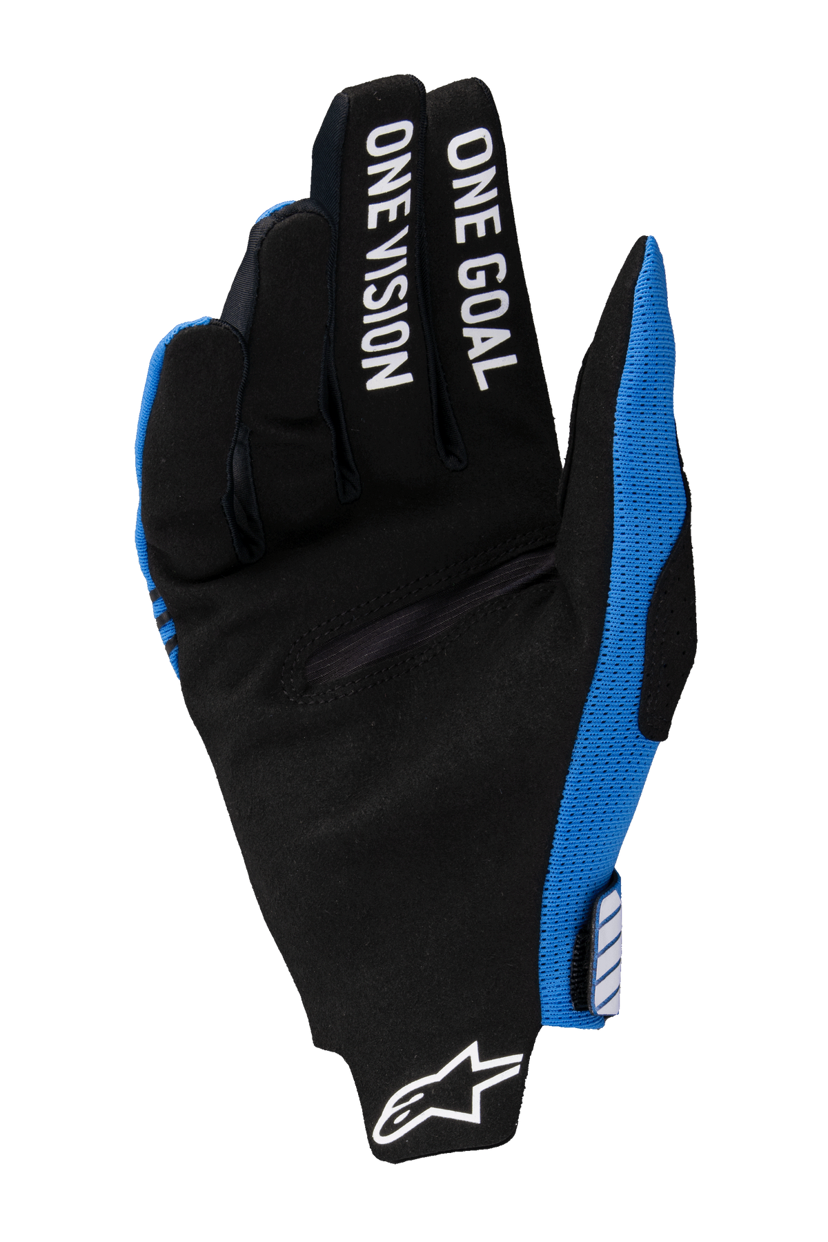 Alpinestars 2025 Radar Pro handsker, motocross-handsker, blå og sort, håndfladevisning med sort syntetisk ruskind, hvidt "ONE GOAL ONE VISION" trykt på fingrene, hvidt Alpinestars-logo ved håndleddet, letvægts off-road racing-design