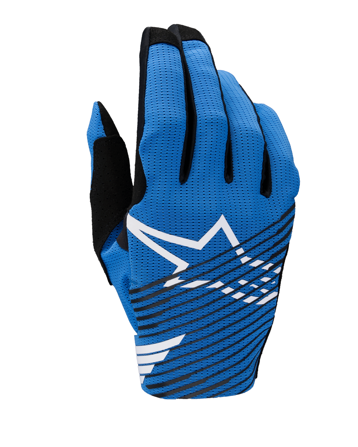 Alpinestars 2025 Radar Pro handsker, motocrosshandsker, blå med hvidt Astar-logo og diagonale sorte striber, letvægts åndbart mesh-design til off-road ydeevne