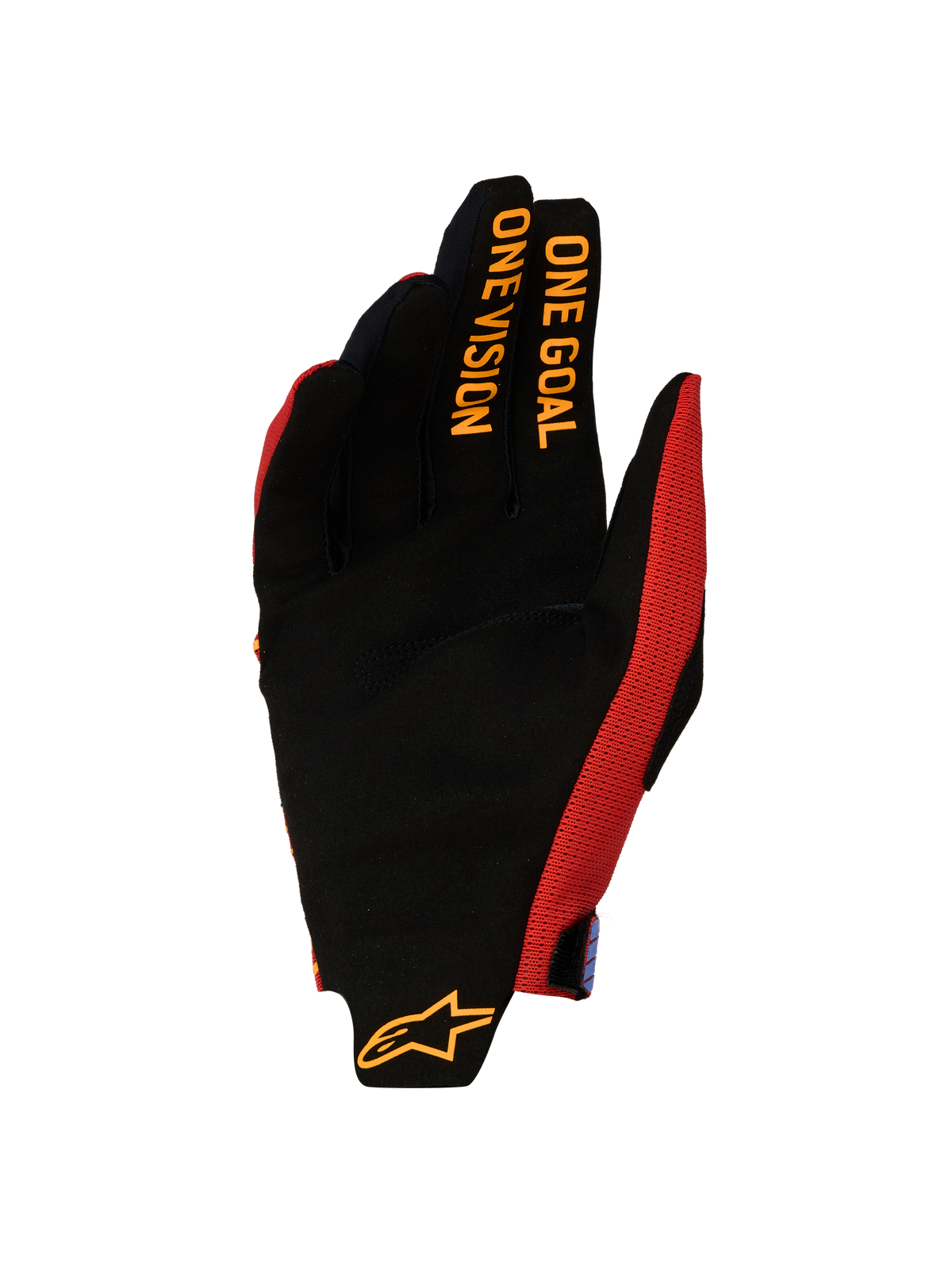 Alpinestars 2027 Radar Pro Handsker, herre-motocrosshandsker i sort og rød, med syntetisk ruskindshåndflade og One Goal One Vision grafik på fingrene til off-road racing.
