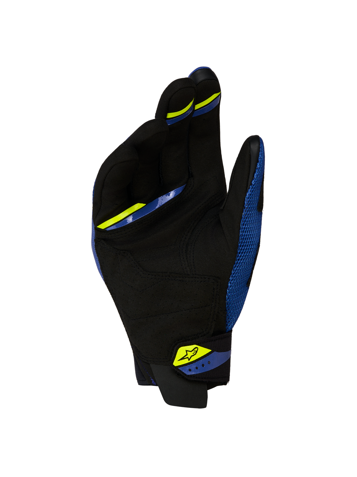 Alpinestars Megawatt V2 Air handsker, motocross- og enduro-motorcykelhandsker i blå og sort, set fra bagsiden der viser åndbart 3D-mesh og neoprenmanchet