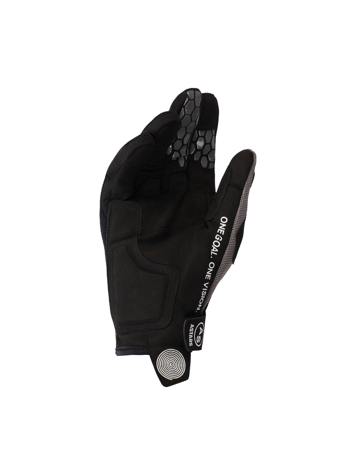 Alpinestars 2026 Pro-Dura handsker, sort grå, visning af syntetisk ruskindshåndflade og silikone bikage-mønster fingergreb, med 'ONE GOAL. ONE VISION.' tekst og hvidt spiral-logo på trækfligen, holdbart off-road motorcykeludstyr
