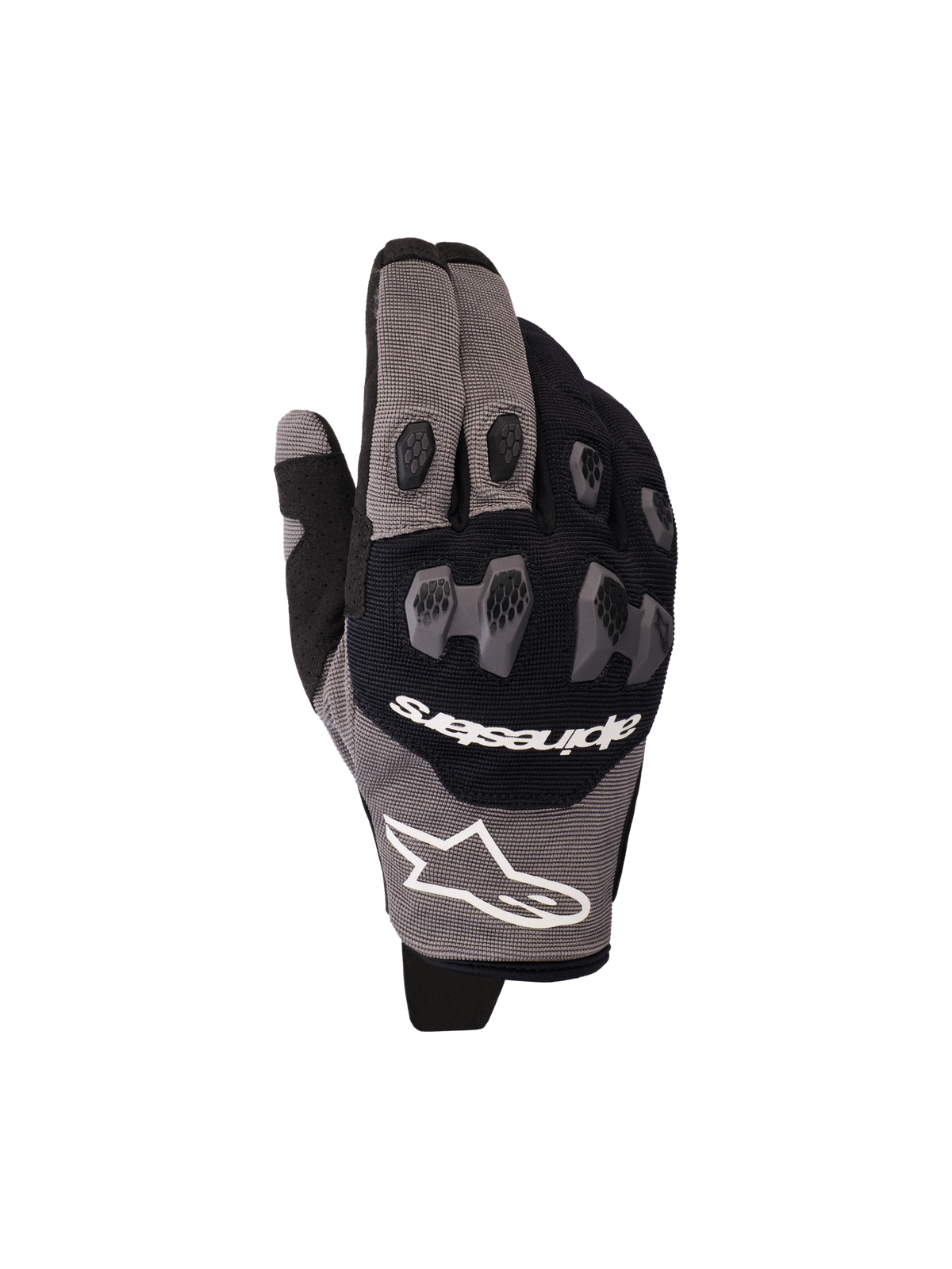 Alpinestars 2026 Pro-Dura handsker, motorcykelhandsker, sort og grå, med todelt TPR-knobeskyttelse i sekskantet mønster, hvidt Alpinestars-logo, mesh- og flerpanel-strækkonstruktion, designet til enduro- og off-road-ydeevne.