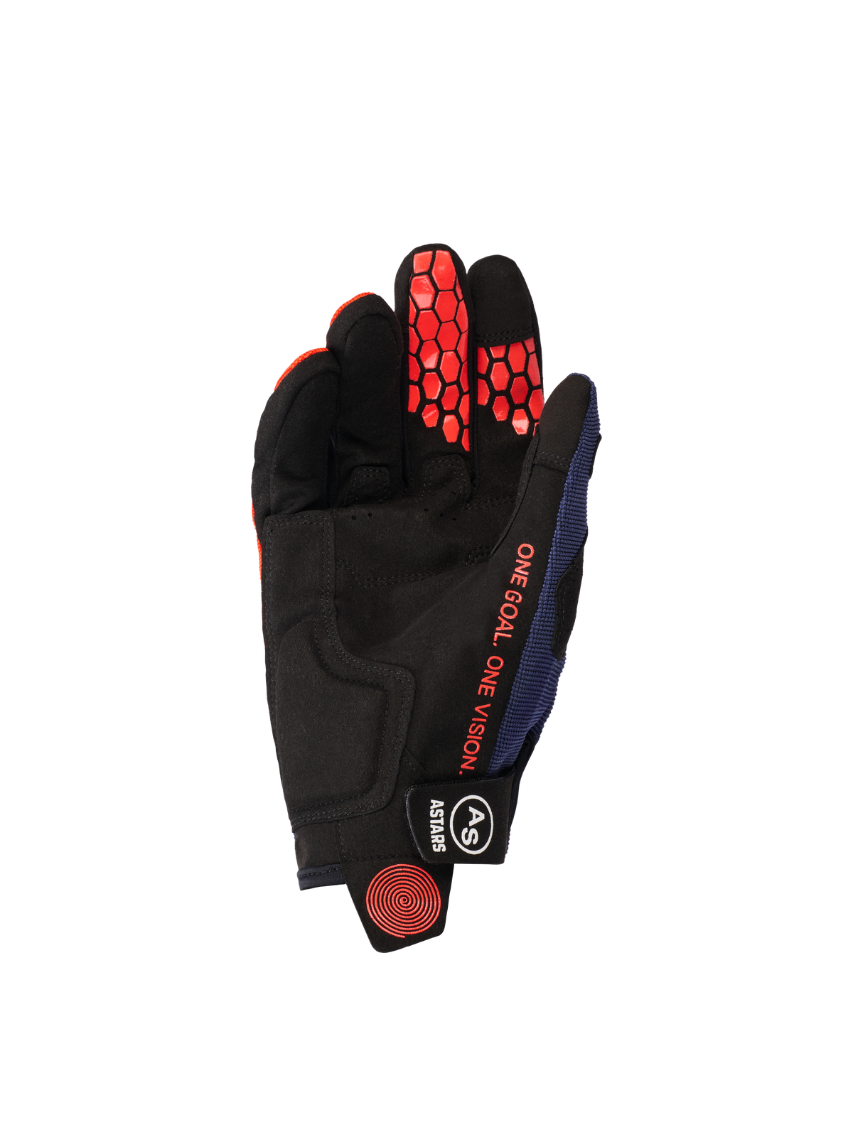 Alpinestars 2026 Pro-Dura handsker, set fra håndfladen, Navy Hot Orange og hvid, sort syntetisk ruskindshåndflade med orange sekskantet silikonegreb på fingrene, orange 'ONE GOAL. ONE VISION.' tekst og sort håndledslukning med hvid branding