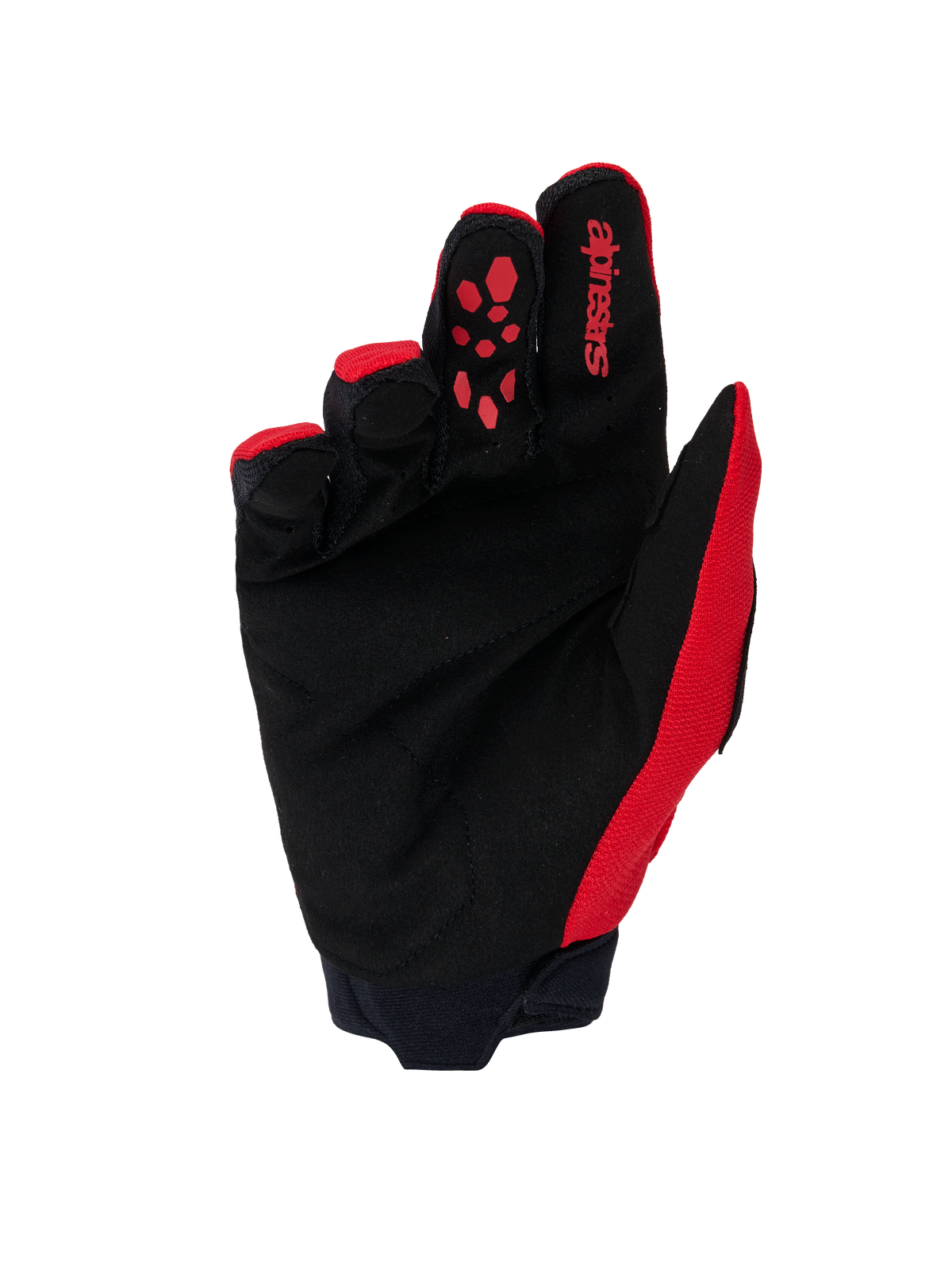 Alpinestars Full Bore V2 handsker, motocross-handsker, klar rød og sort, håndfladevisning med forstærket sort syntetisk ruskind, rødt silikonegreb på pegefingeren, Alpinestars-branding og neoprenmanchet