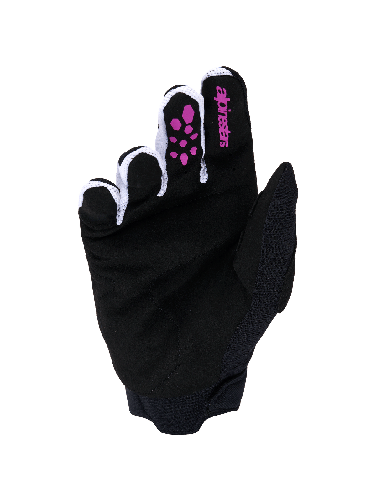 Alpinestars Full Bore V2-handsker, motocross-handsker, lilla og sort, håndflade i sort syntetisk ruskind, lilla silikonegreb på fingrene, Alpinestars-logo på pegefingeren, hvidt ventileret mesh mellem fingrene og sort neoprenmanchet