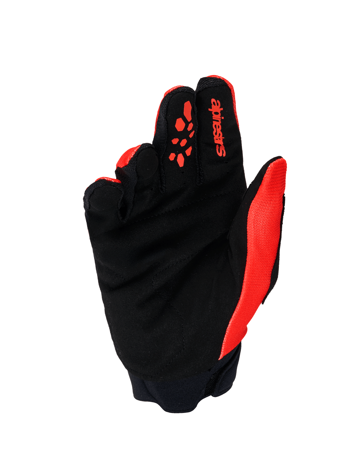Alpinestars Full Bore V2 handsker, motocross-handsker, orange og sort, set fra håndfladen med forstærket håndflade i syntetisk ruskind, orange silikone-fingergreb, rødt Alpinestars-logo på pegefingeren og neoprenmanchet.