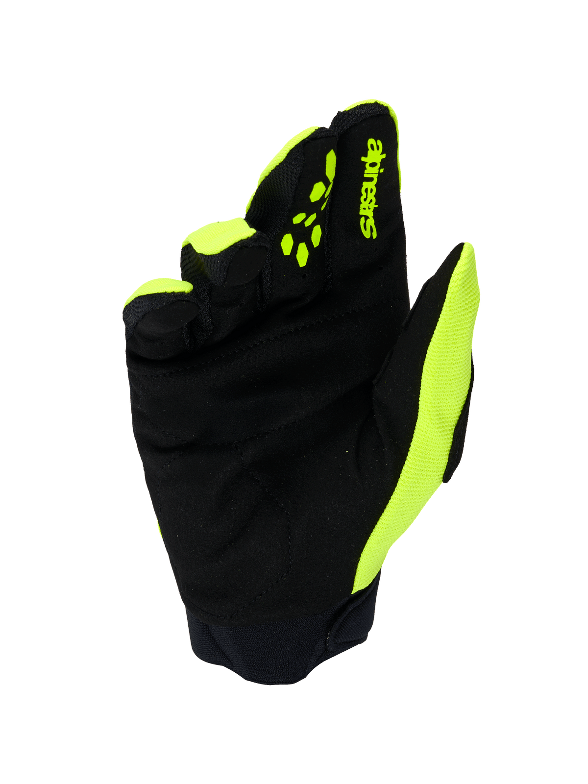 Alpinestars Full Bore V2 handsker, motocrosshandsker, neon-gul og sort, set fra håndfladen med forstærket syntetisk ruskind, neoprenmanchet og klare gule detaljer på siderne og fingrene