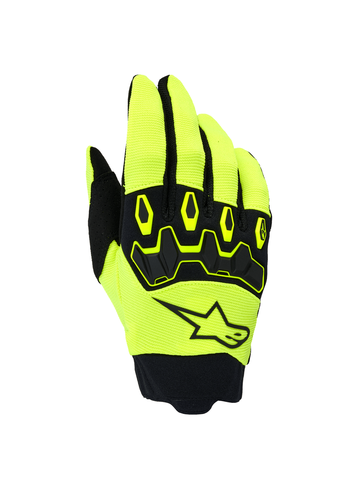 Alpinestars Full Bore V2 handsker, motocross off-road handsker, gul fluo og sort, med ergonomisk TPR-knobeskyttelse og Alpinestars stjerne-logo på bagsiden, åndbart strækstof med neoprenmanchet