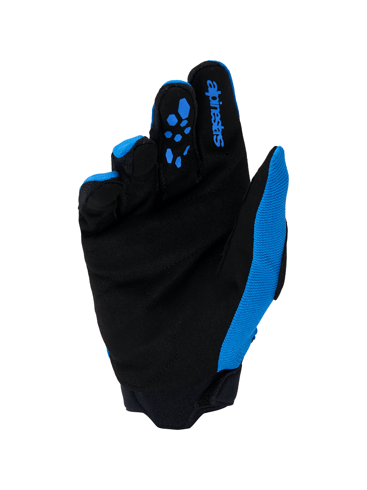 Alpinestars Full Bore V2 handsker, motocross-handsker, Ucla blå og sort, håndfladevisning med forstærket syntetisk ruskind, blå silikonegreb på fingrene, Alpinestars-logo og slidstærk neoprenmanchet