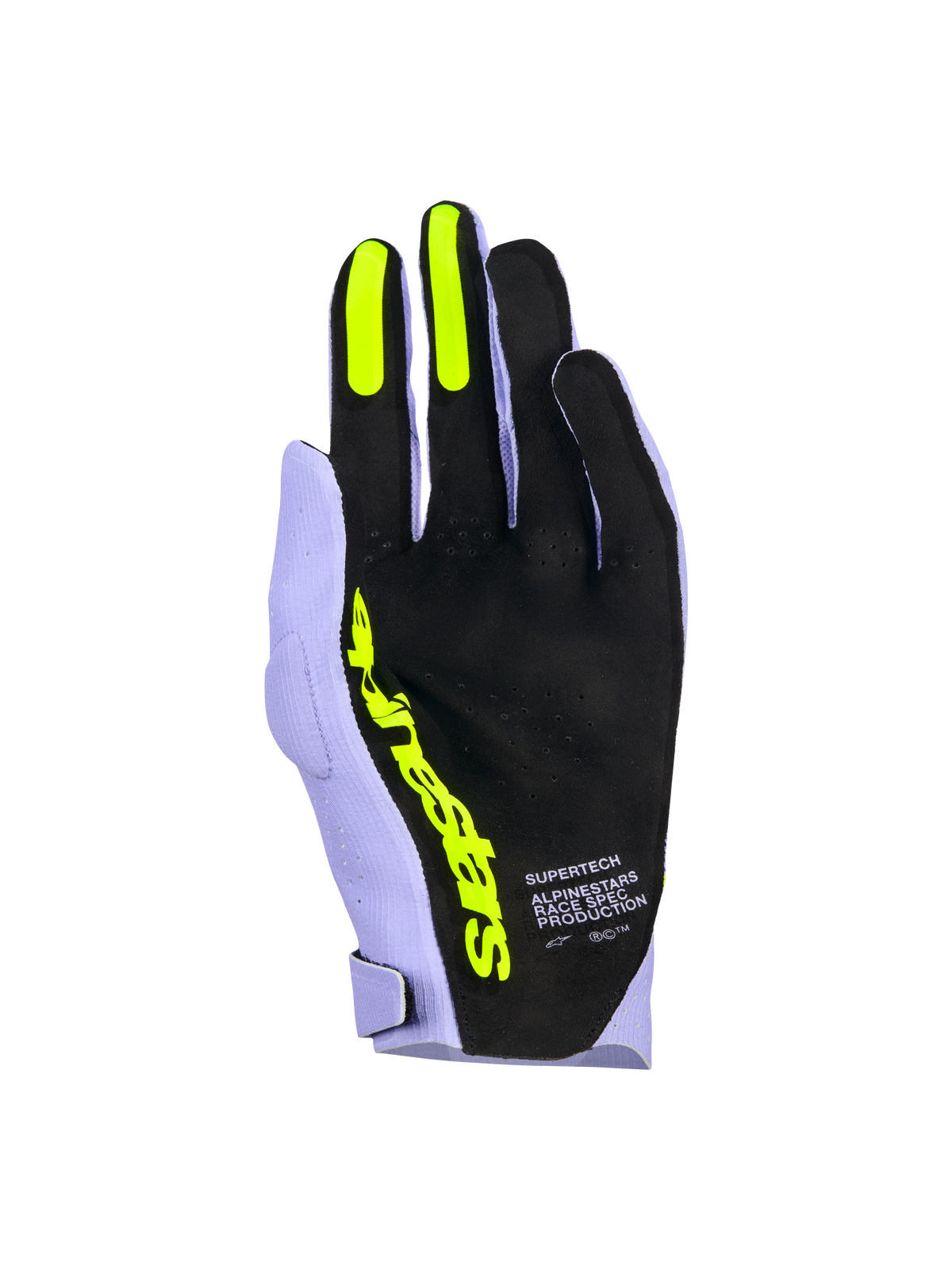 Alpinestars Supertech MX-handsker, motocross-handsker, lavendel lilla og fluo-gul, set fra håndfladen med sort perforeret materiale, fluo-gule silikonegreb på pege- og langefinger, markant gul Alpinestars-branding og 'Race Spec Production'-tekst, højtydende off-road racerudstyr