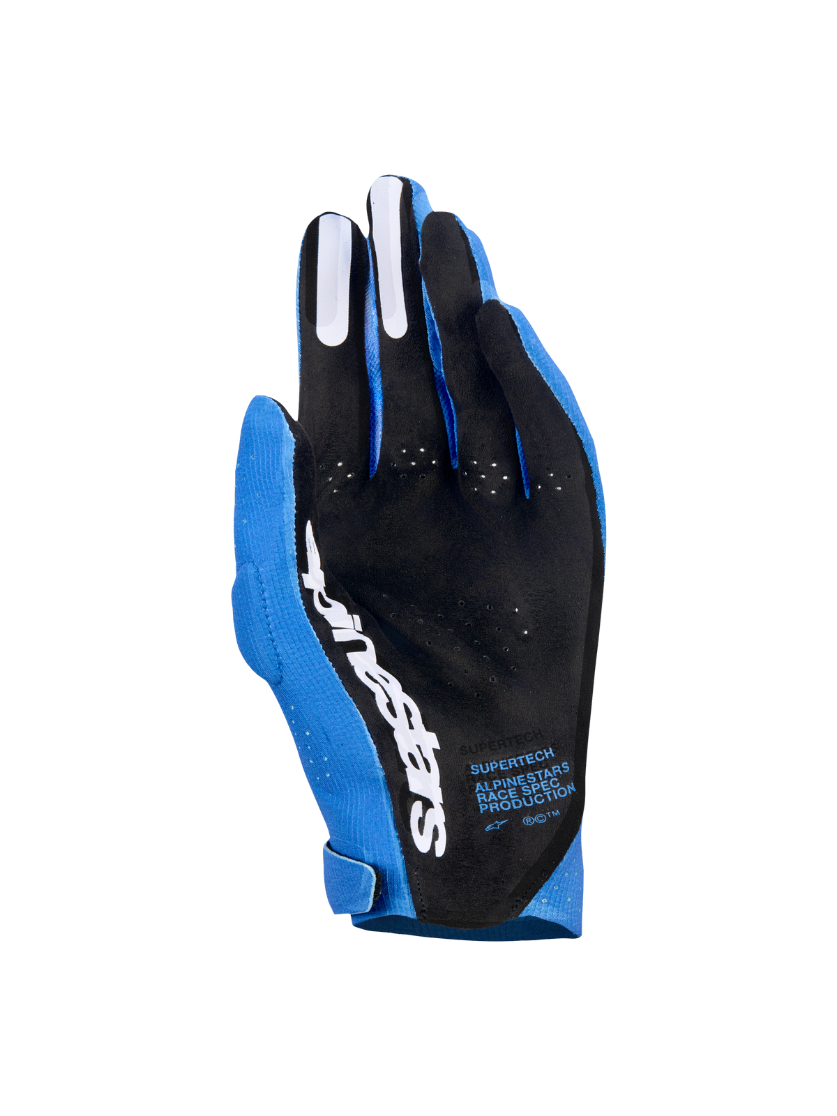 Alpinestars Supertech MX handsker, motocrosshandsker, Ucla Blue og Deep Blue med hvide detaljer, håndfladevisning der viser sort perforeret materiale, hvidt Alpinestars-logo, silikone-fingergreb og teknisk tekst, professionelt off-road racingudstyr