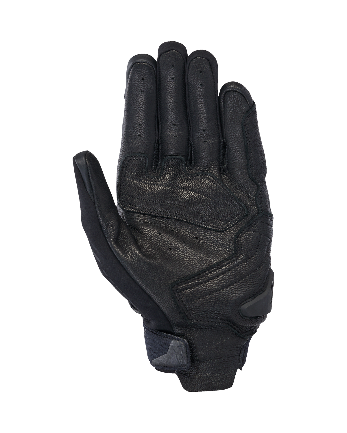 Alpinestars SP X 7 handsker, korte motorcykelhandsker, sort, set fra håndfladen med perforeret læder til ventilation, forstærkede håndflade-overlejringer med en slider og kompakt håndledsstrop med integreret trækstrop