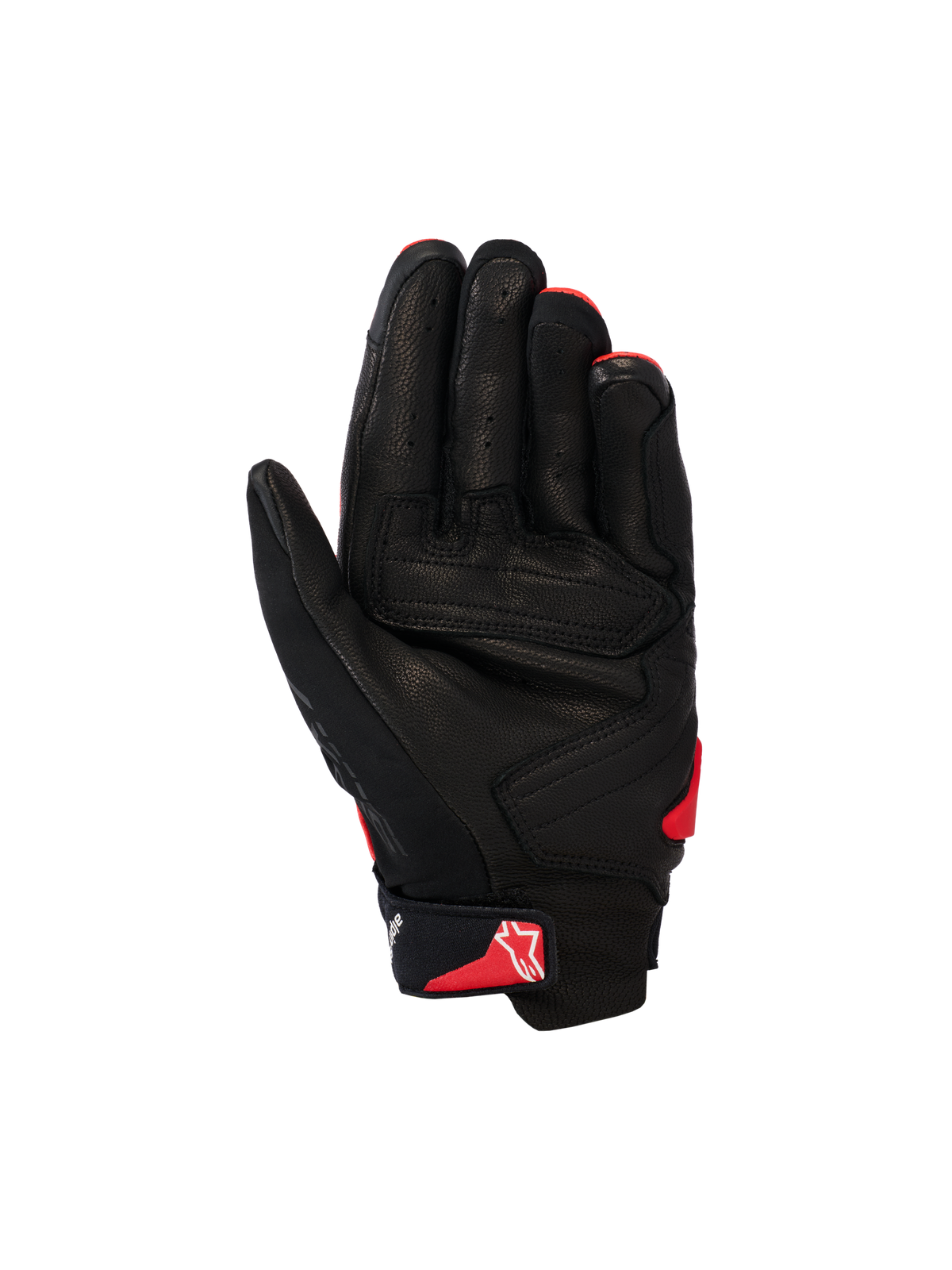 Alpinestars SP X 7 handsker, kortskaftede motorcykelhandsker, sort og klar rød, håndfladevisning der viser perforeret læderkonstruktion, forstærkede håndfladepaneler og rødt Astars-logo på håndledsstroppen