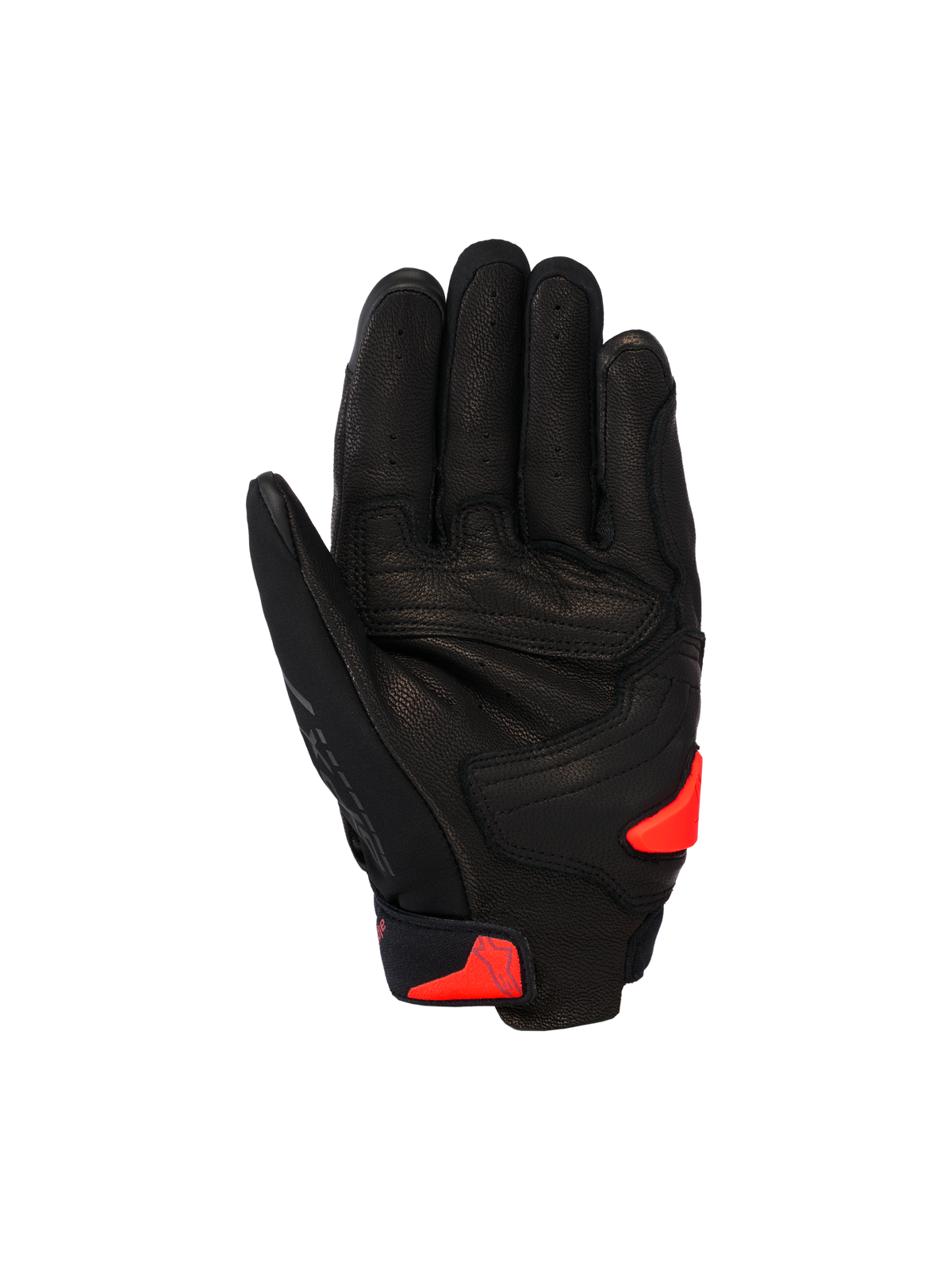 Alpinestars SP X 7 handsker, korte sportshandsker til motorcykel, sorte med Red Fluo accenter, set fra håndfladen med perforeret læderkonstruktion, forstærket håndfladeområde og TPR håndfladeslider