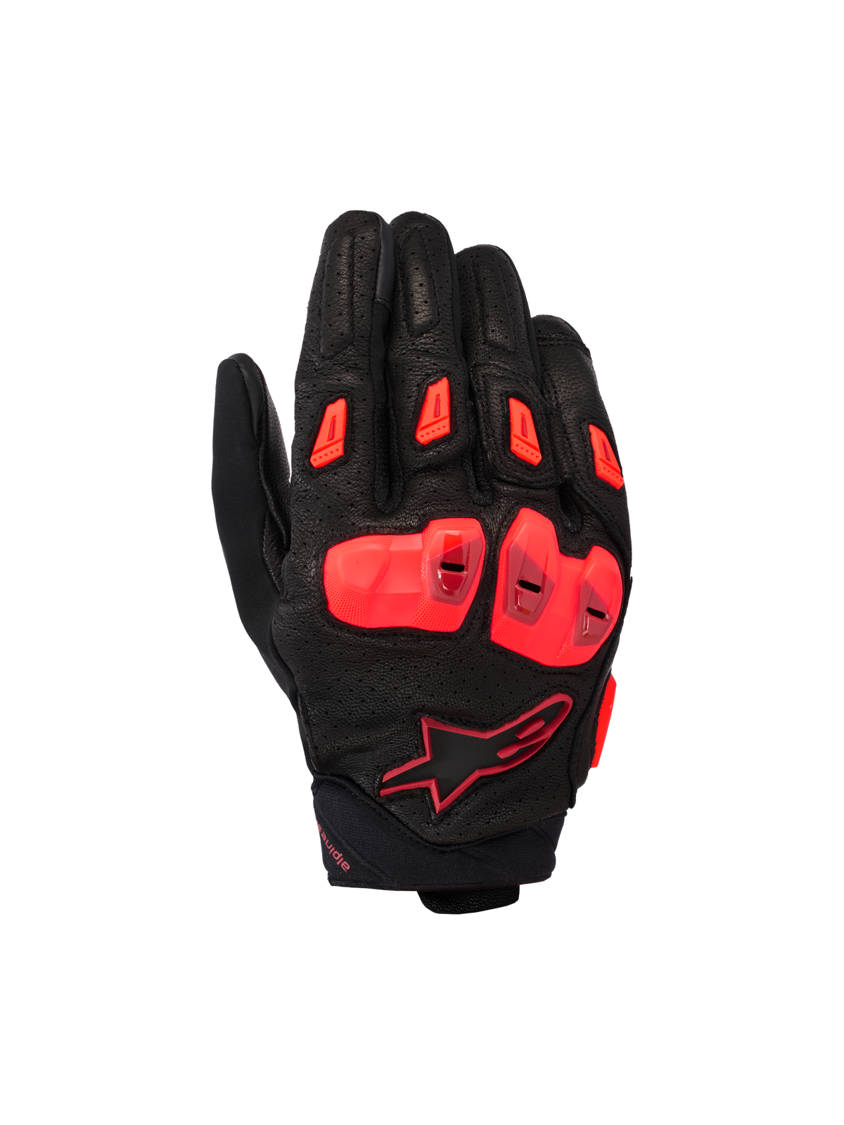 Alpinestars SP X 7 handsker, korte motorcykel-sportshandsker, sort og rød fluo, med perforeret læderkonstruktion, TPU-knobeskyttelse med dobbelt densitet, TPR-fingerslidere og et kompakt manchet-design