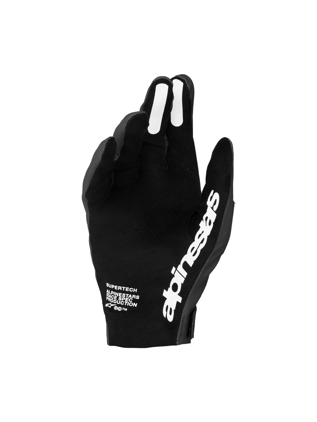 Alpinestars 2027 Supertech MX handsker, motocrosshandsker til herrer, sort og hvid, med perforeret håndflade og silikonegreb.