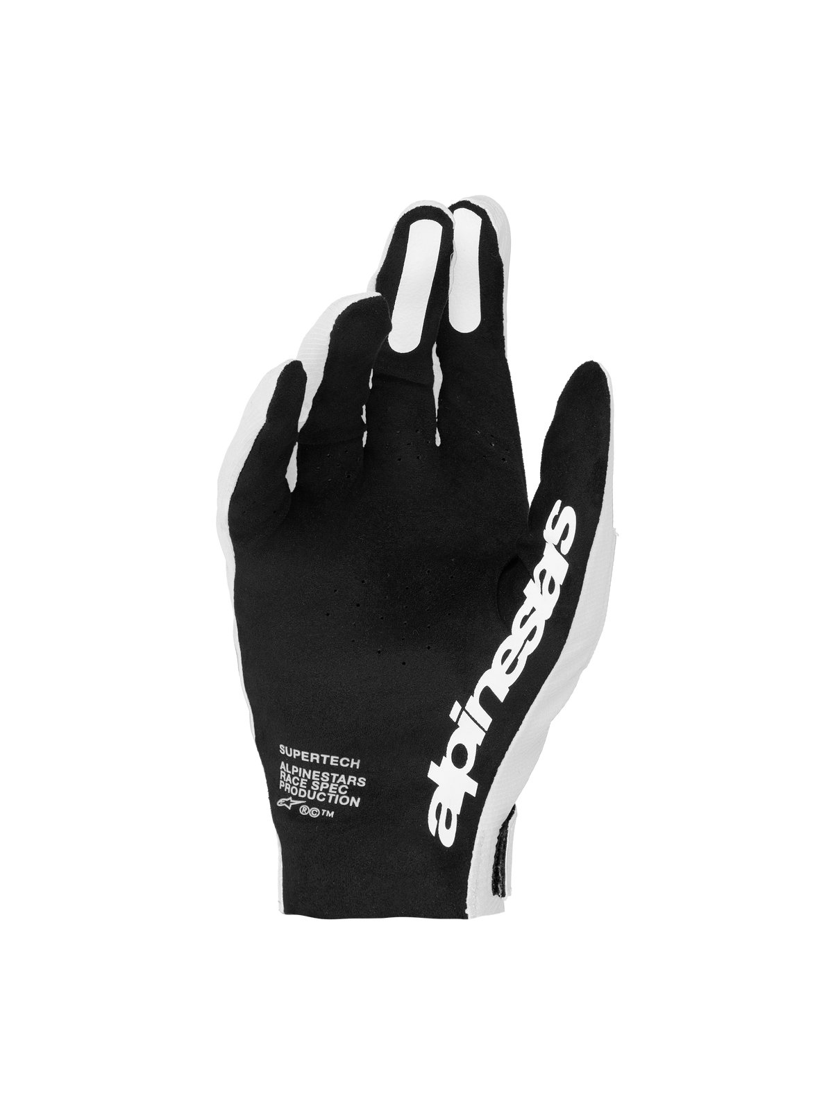 Alpinestars Supertech MX Gloves, Black and White motocross gloves with perforated palms for precise racing control.