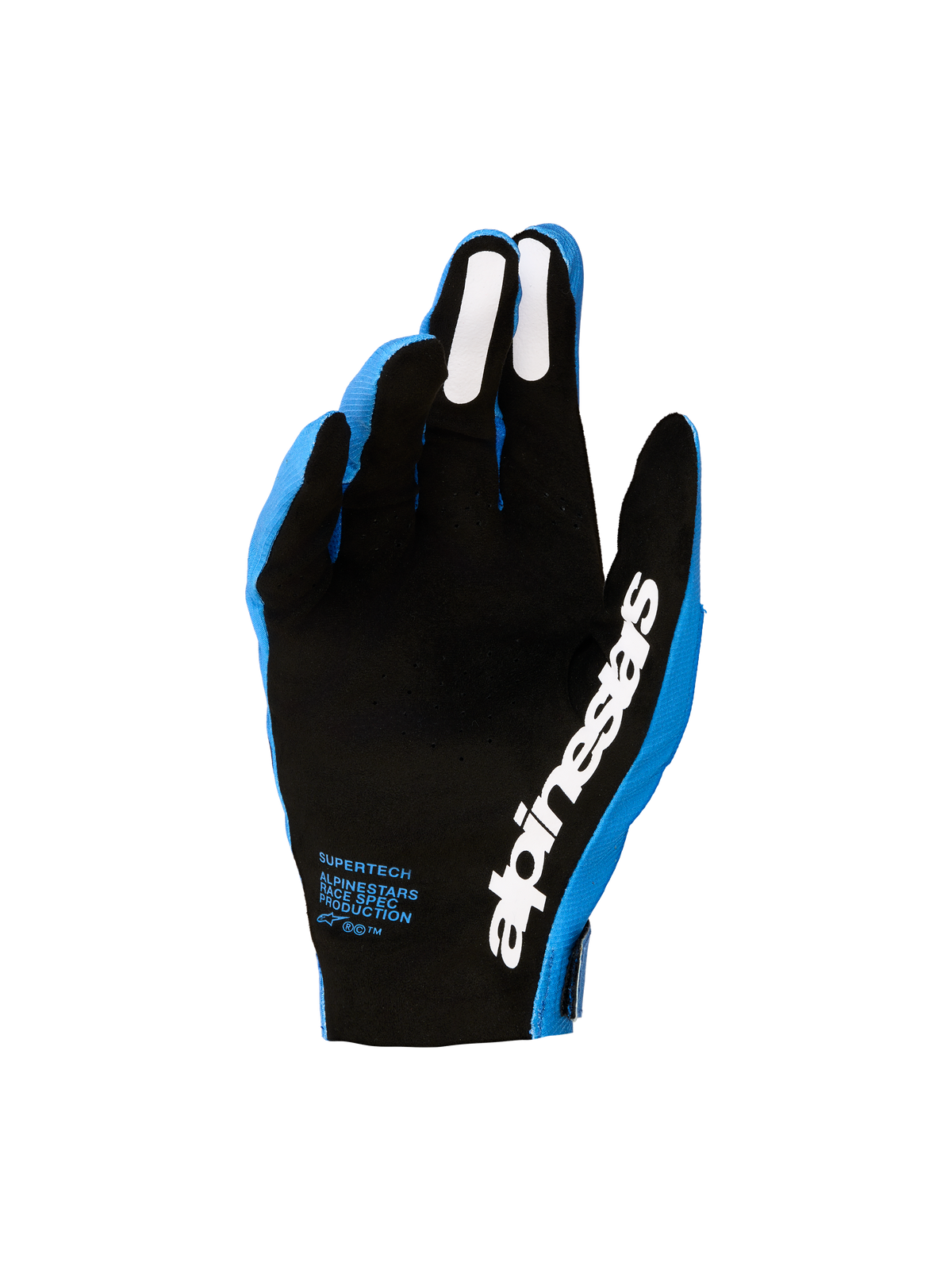 Alpinestars 2027 Supertech MX handsker, herre motocrosshandsker, blå og sort, perforeret håndflade med hvide silikonegreb, professionelt off-road racingudstyr.