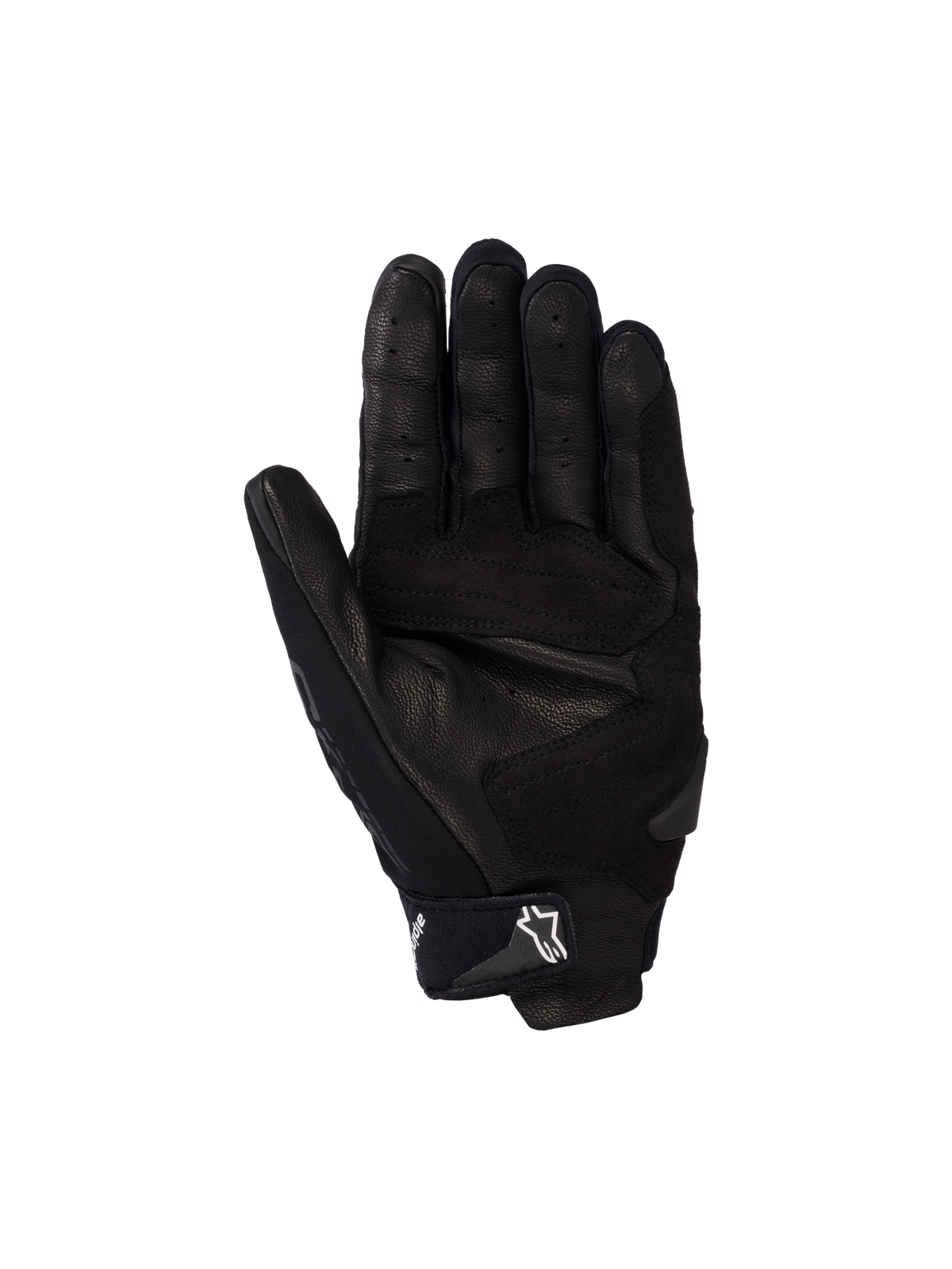 Alpinestars SP X 5 Air handsker, motorcykelhandsker, sort, håndfladevisning med perforeret læder, forstærkede håndfladeglidere og justerbar håndledsrem med hvidt stjernelogo, sporty beskyttelsesudstyr