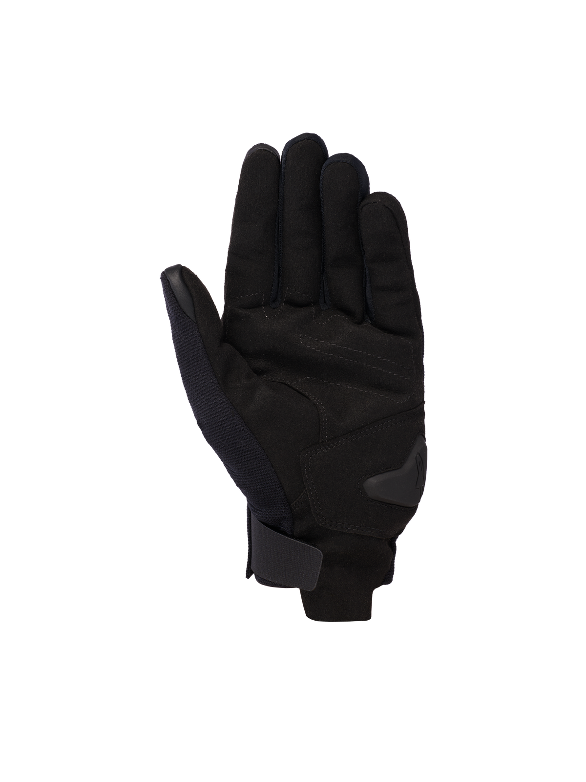 Alpinestars Reef V2 handsker, sort, motorcykelhandsker med kort manchet, visning af håndflade i syntetisk ruskind, forstærket polstring i håndfladen og krog-og-løkke-lukning ved håndleddet, moderne urbant design til landevejskørsel