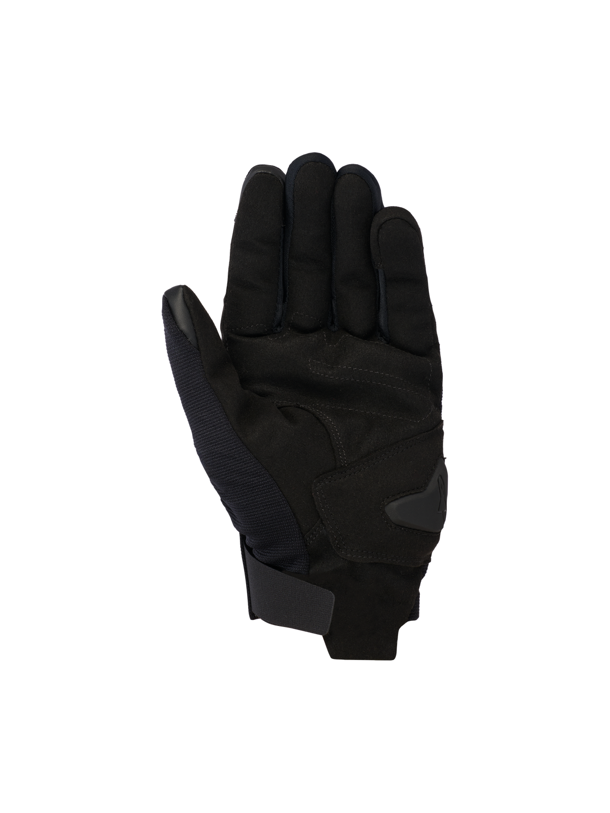 Alpinestars Reef V2 handsker, sorte urban motorcykelhandsker, håndfladevisning med konstruktion i syntetisk ruskind og forstærket polstring, kort manchet med velcrolukning, touchscreen-kompatibel pegefinger og tommelfinger, ergonomisk design til gadekørsel