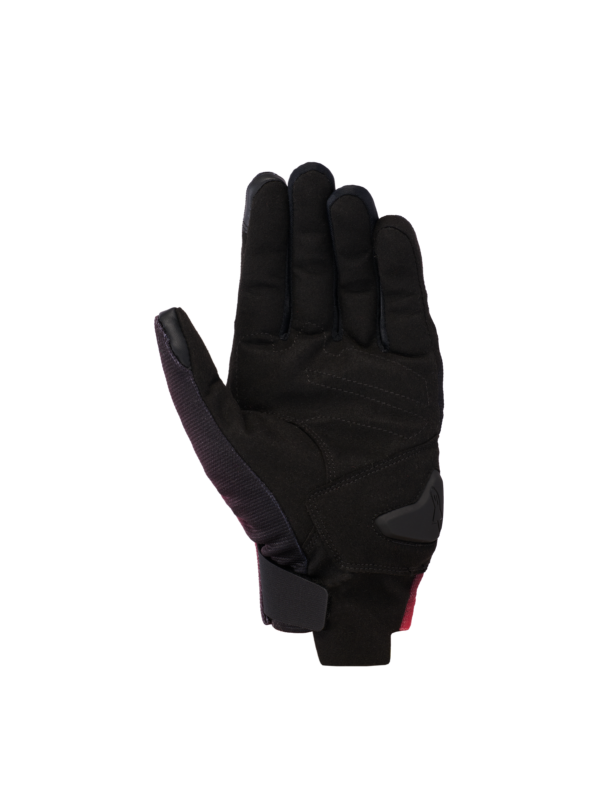 Alpinestars Reef V2 handsker, motorcykelhandsker, Sort Rød Fluo Hvid, set fra håndfladen med syntetisk ruskind og polstrede forstærkninger, kort manchet-design med krog-og-løkke-lukning ved håndleddet.