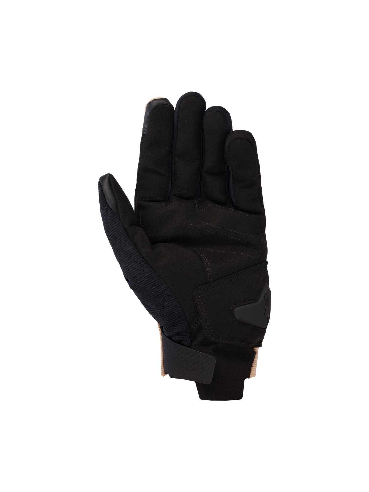 Alpinestars 2025 Reef V2 handsker, motorcykelhandsker, Sand Sort, set fra håndfladen med syntetisk ruskind og polstret forstærkning, kort manchet med burrebåndsstrop, touchscreen-kompatible fingerspidser