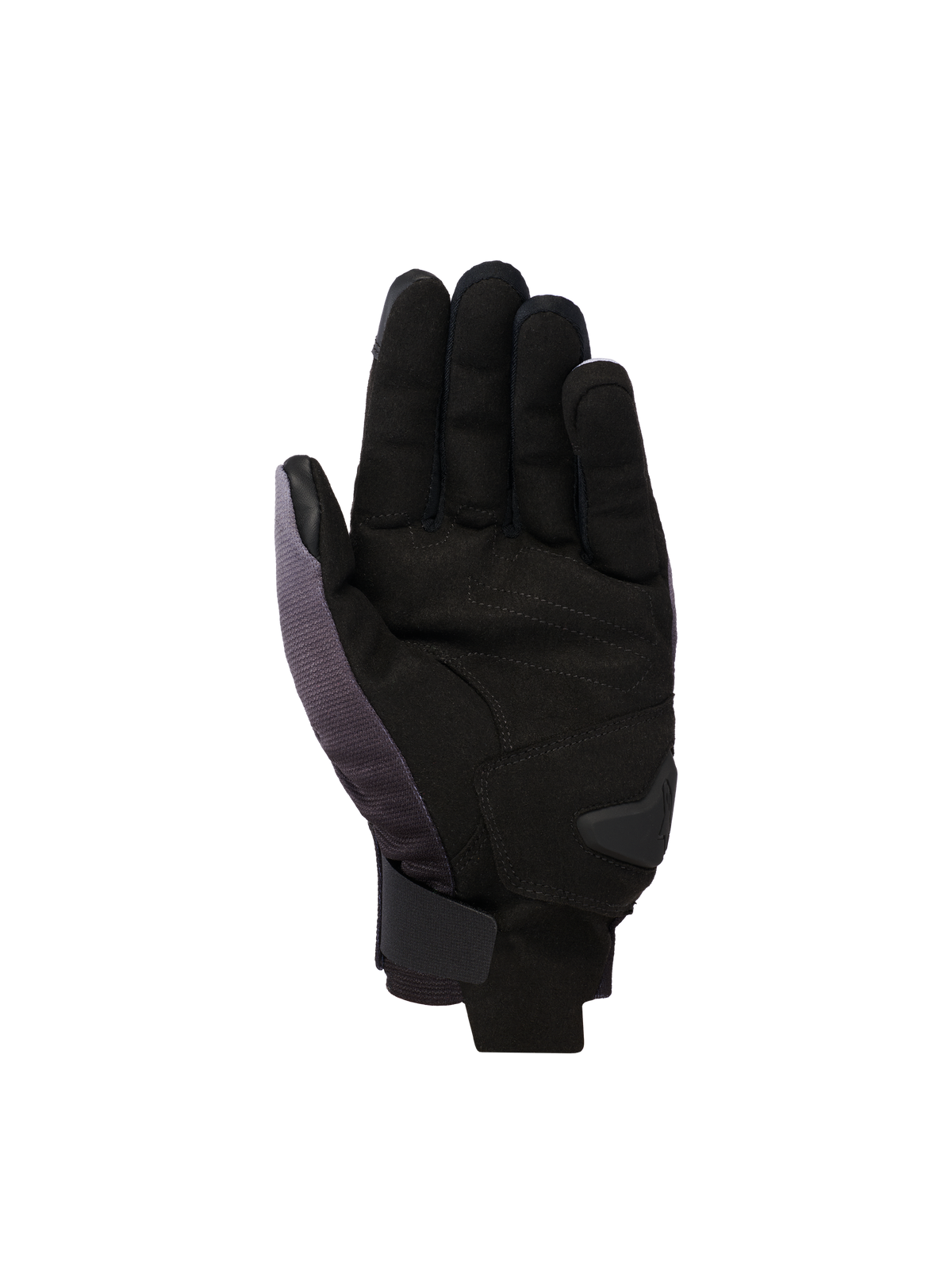 Alpinestars Reef V2 handsker, korte motorcykelhandsker, mellemgrå, sort og hvid, set fra håndfladen med syntetisk ruskind, polstret forstærkning og sikker velcrolukning ved håndleddet