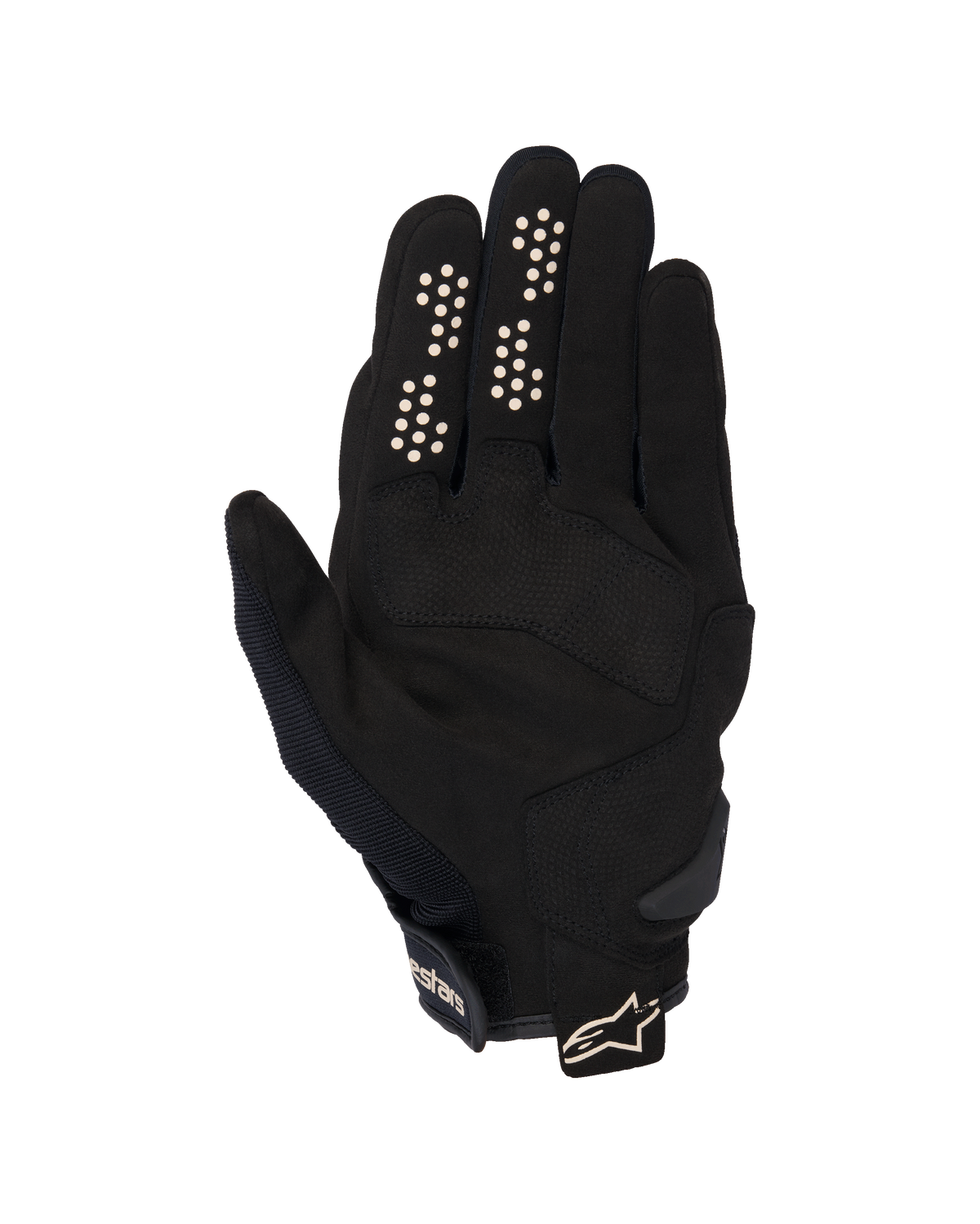 Alpinestars Chrome V2 handsker, urban motorcykelhandsker, sort og mandelfarvet, set fra håndfladesiden med håndflade i syntetisk ruskind, silikone-grebsprikker på pege- og langefinger samt kort manchet med justerbar rem og logo.